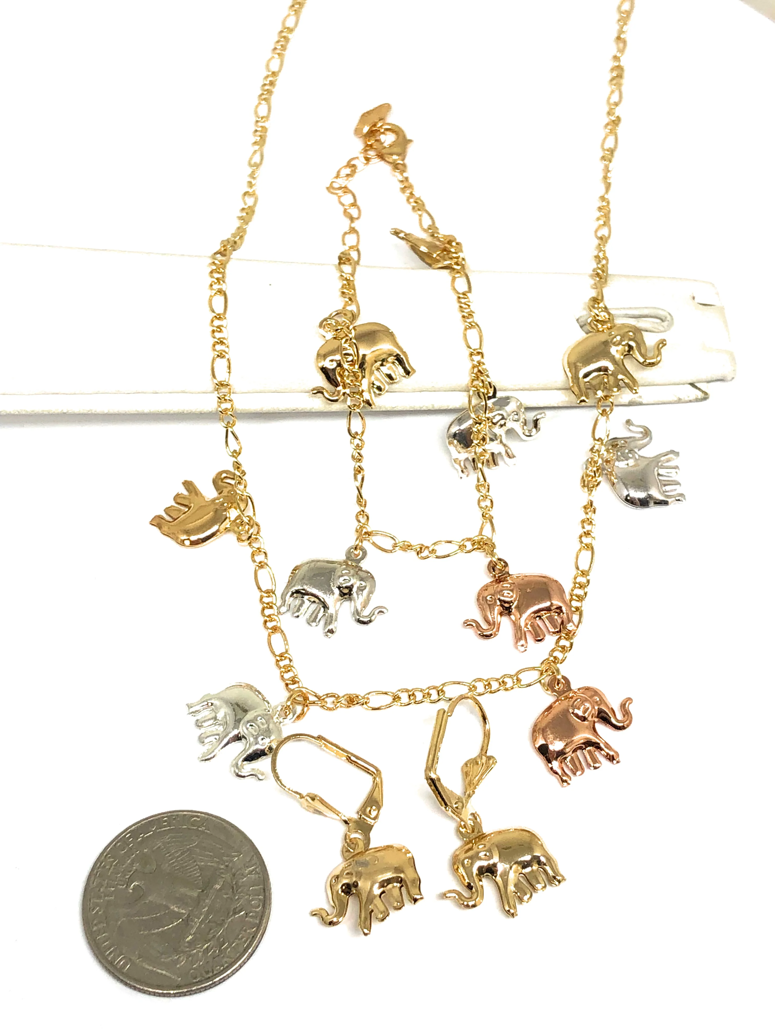 Gold Plated Tri-Color Elephant Charm SET (NECKLACE, EARRINGS, BRACELET) - Image 3