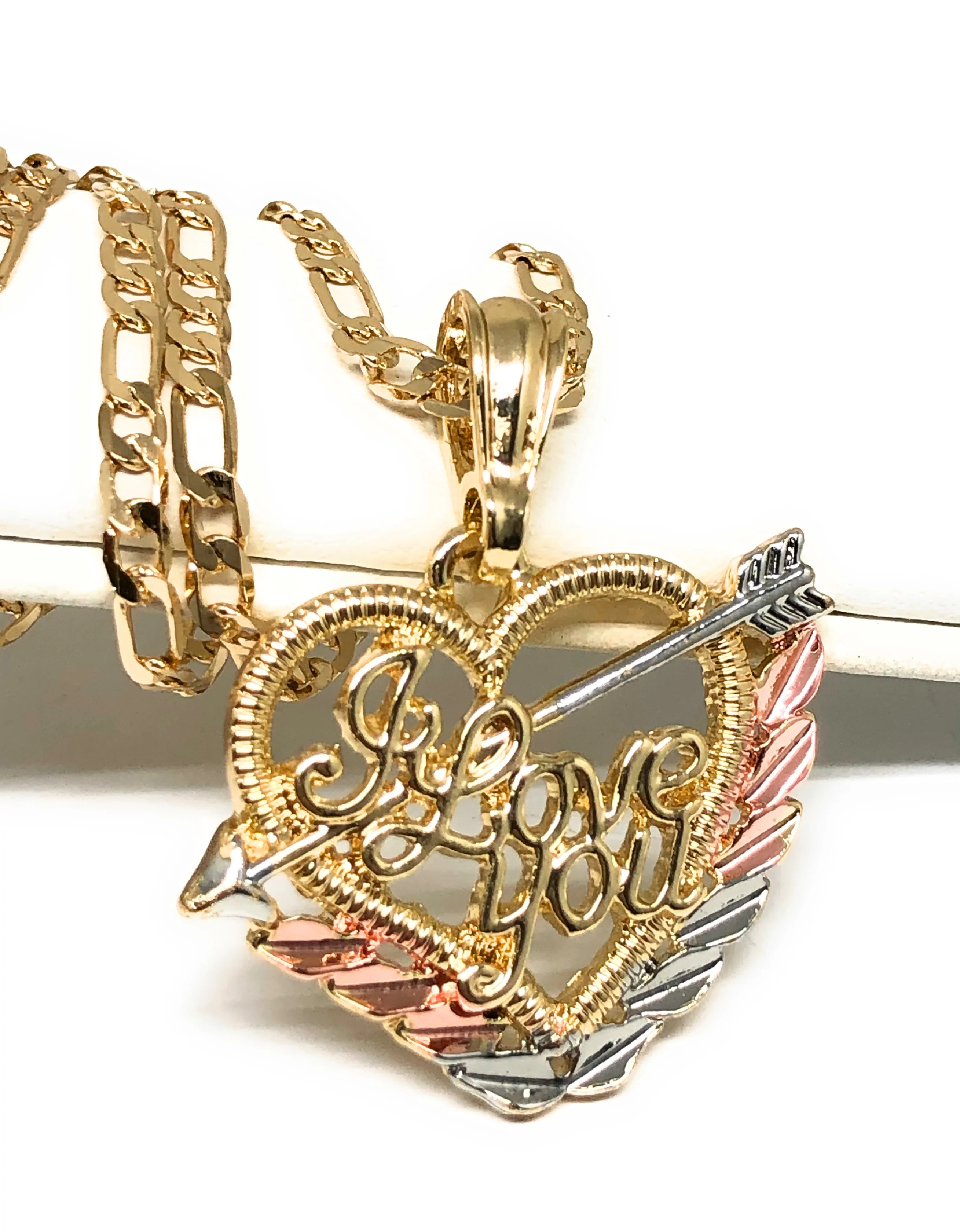 Gold Plated Tri-Color Heart "I Love you" Pendant Necklace Chain 24” Corazón Medalla