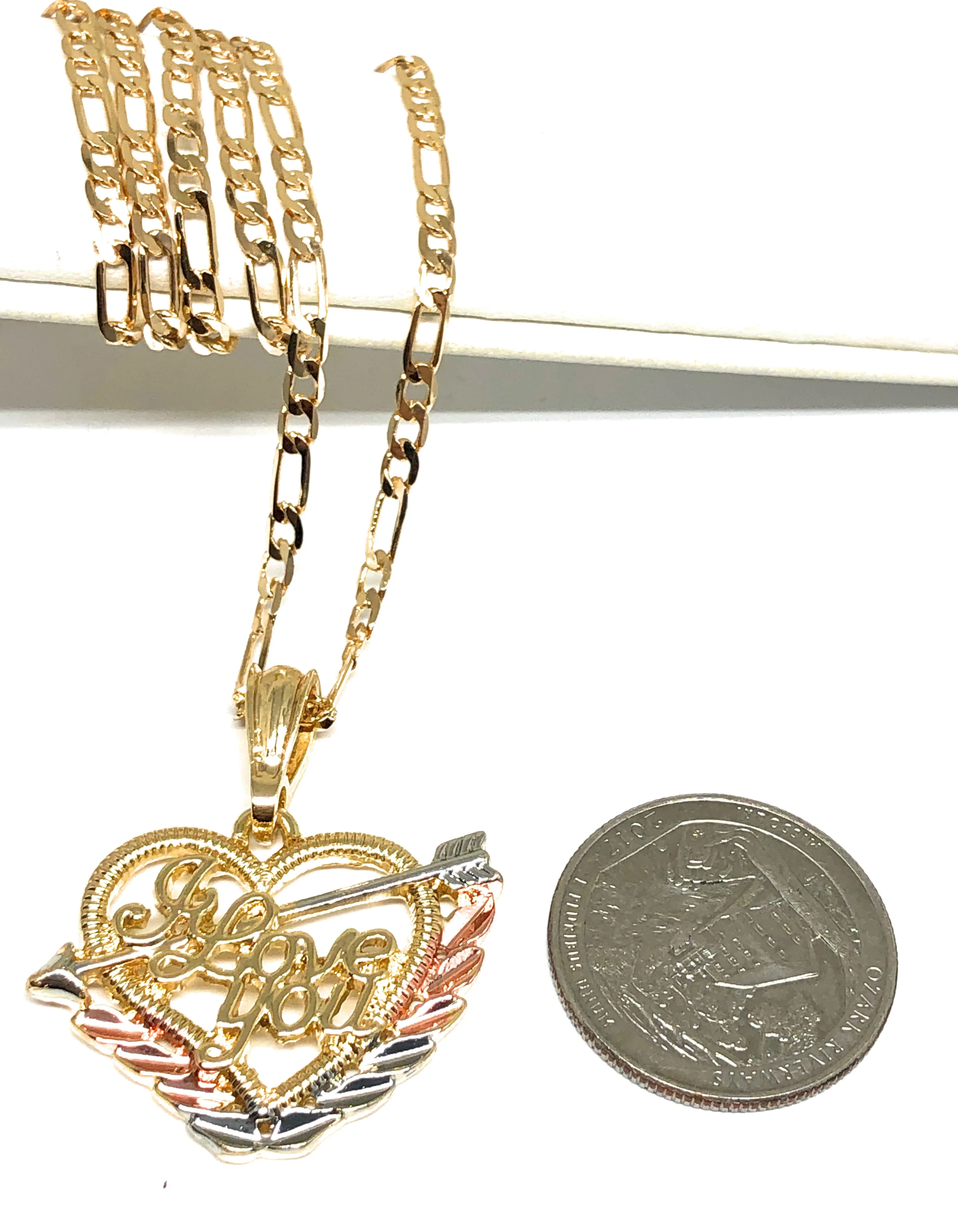 Gold Plated Tri-Color Heart "I Love you" Pendant Necklace Chain 24” Corazón Medalla - Image 2
