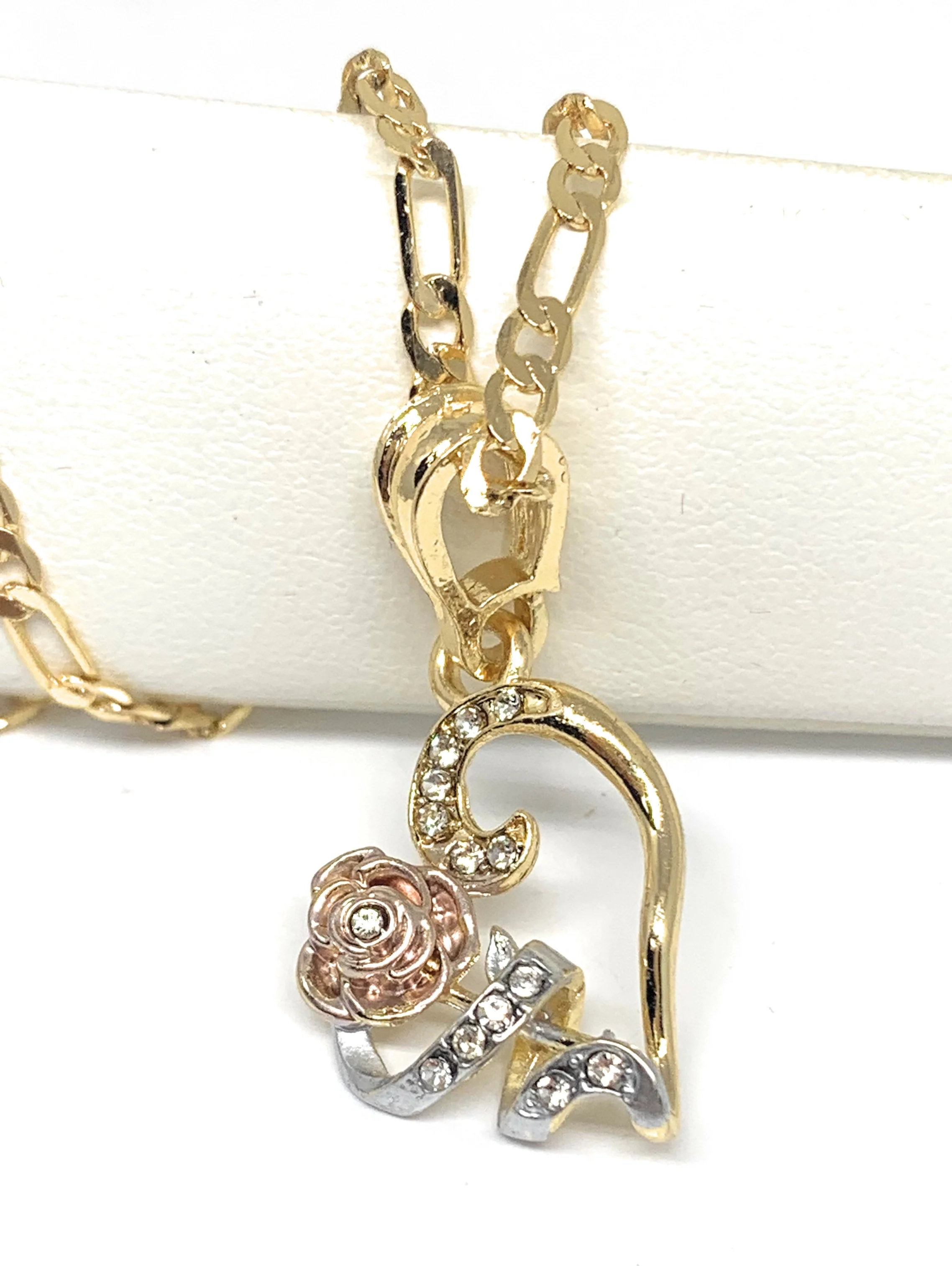 Gold Plated Tri-Color Heart Rose CZ Pendant Necklace Chain 24”