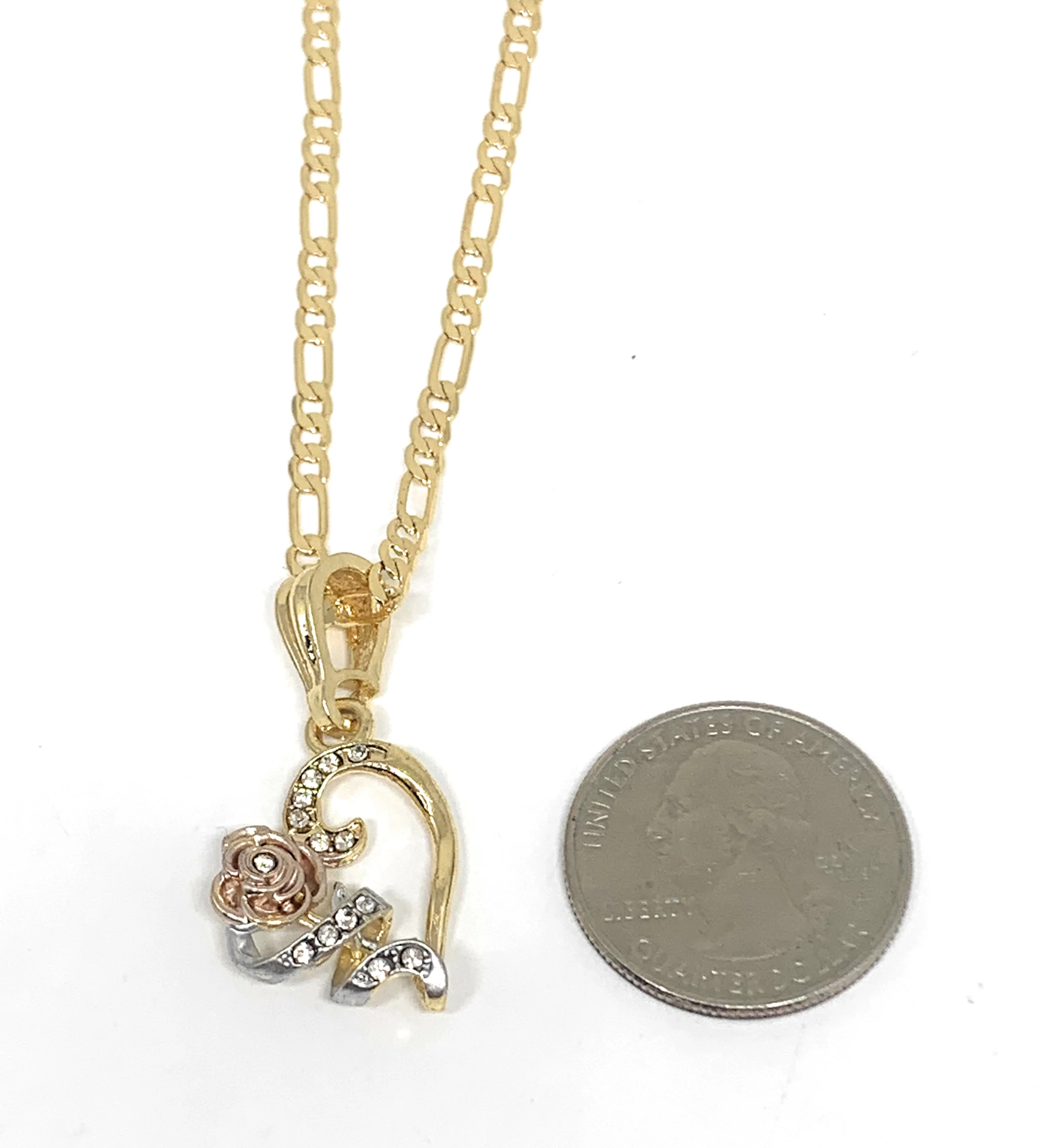 Gold Plated Tri-Color Heart Rose CZ Pendant Necklace Chain 24” - Image 2
