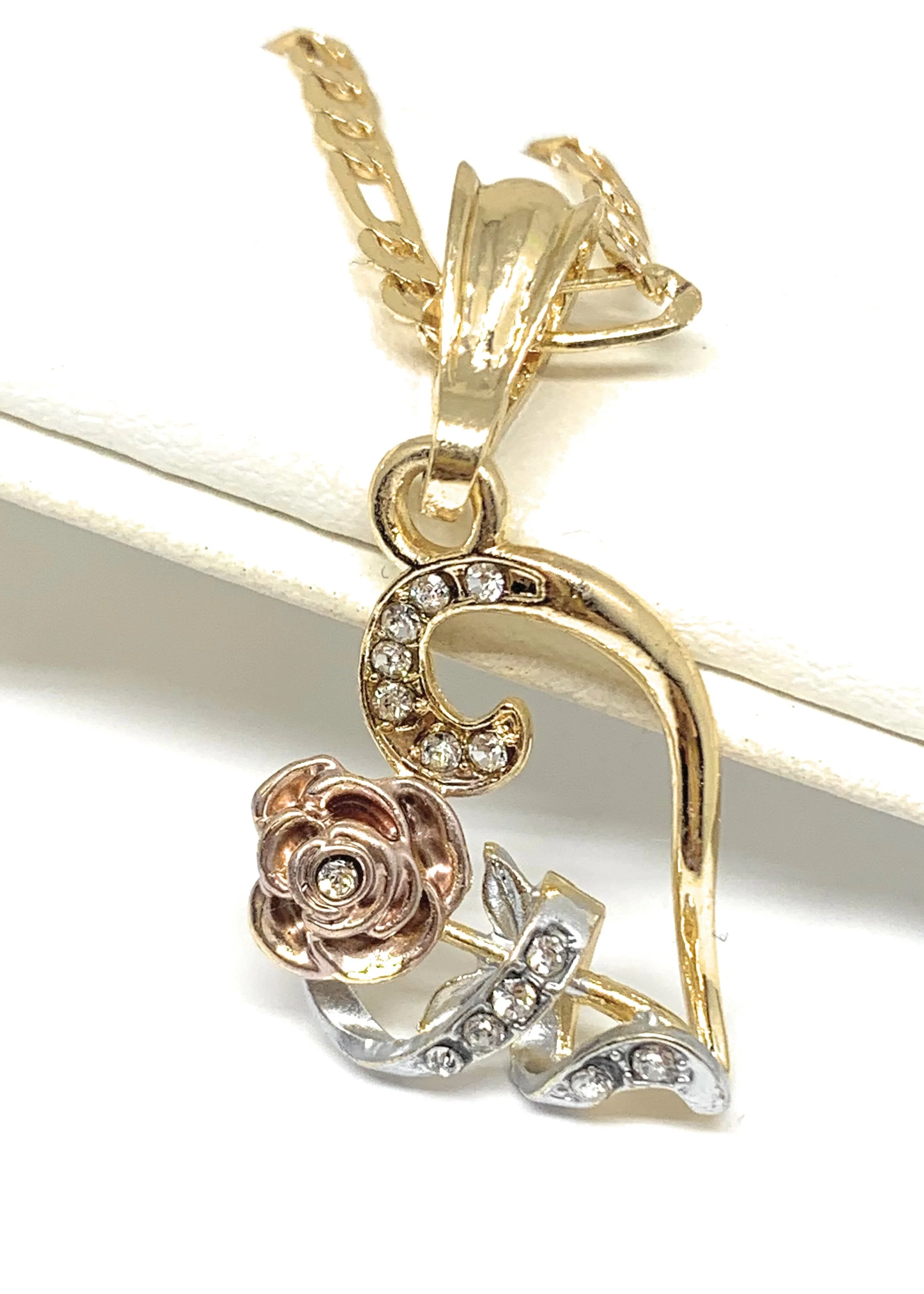 Gold Plated Tri-Color Heart Rose CZ Pendant Necklace Chain 24” - Image 3