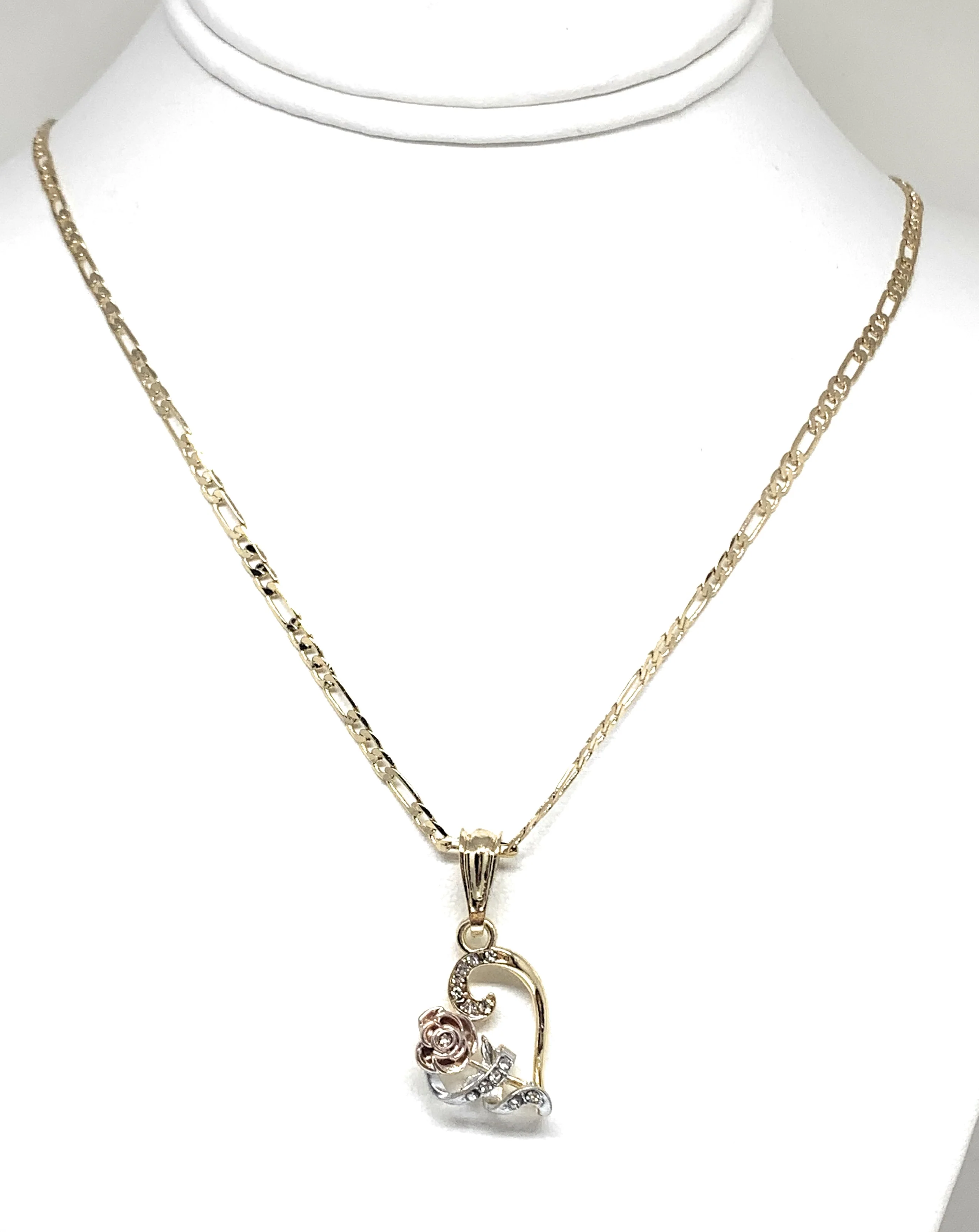 Gold Plated Tri-Color Heart Rose CZ Pendant Necklace Chain 24” - Image 4