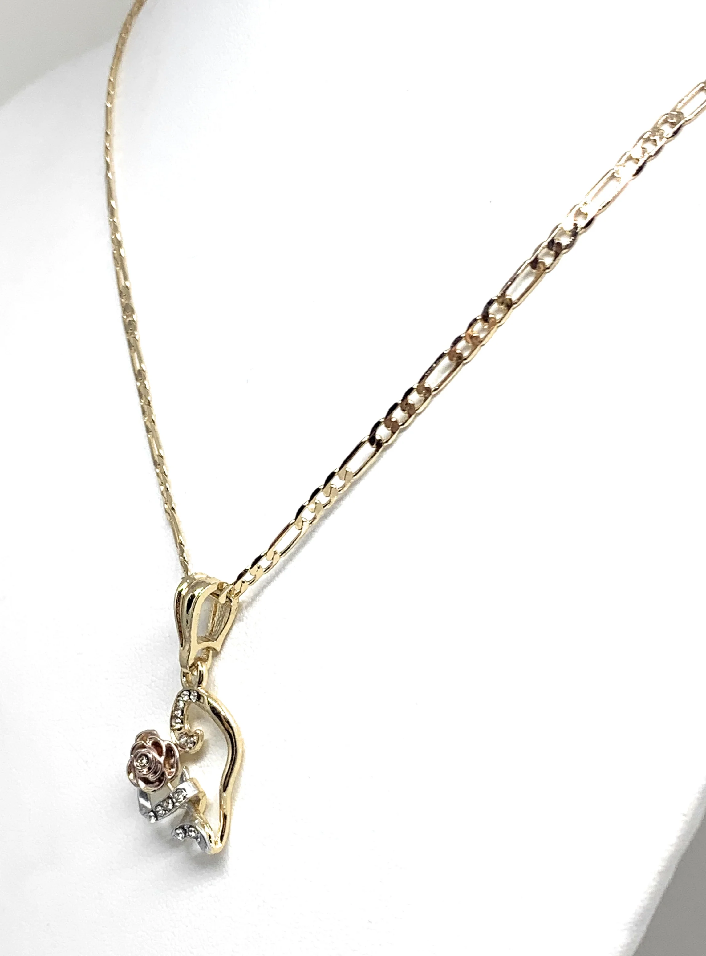 Gold Plated Tri-Color Heart Rose CZ Pendant Necklace Chain 24” - Image 6
