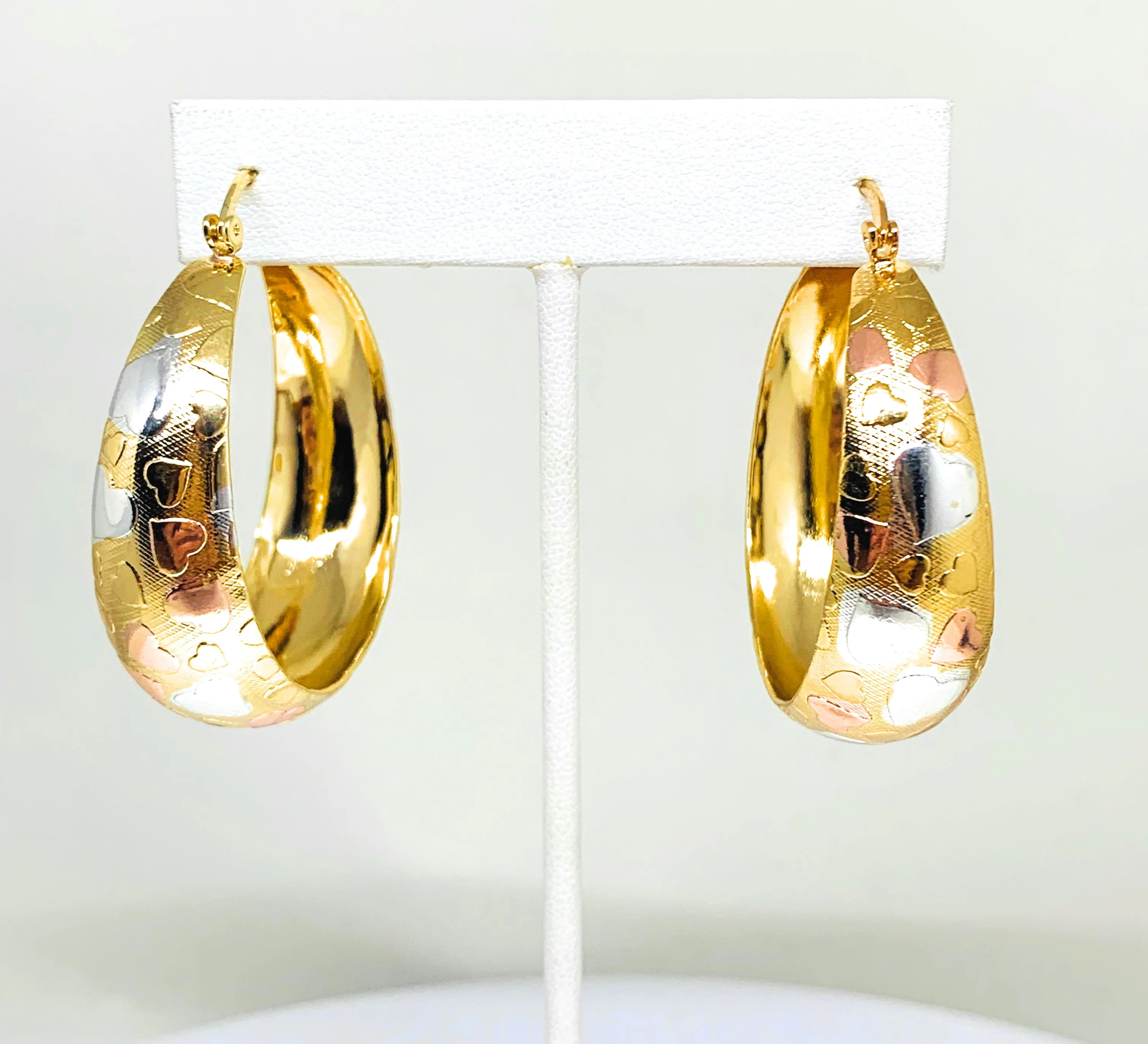 Gold Plated Tri-Color Hearts Hoop Earrings Aretes Arracada Tres Colores - Image 4