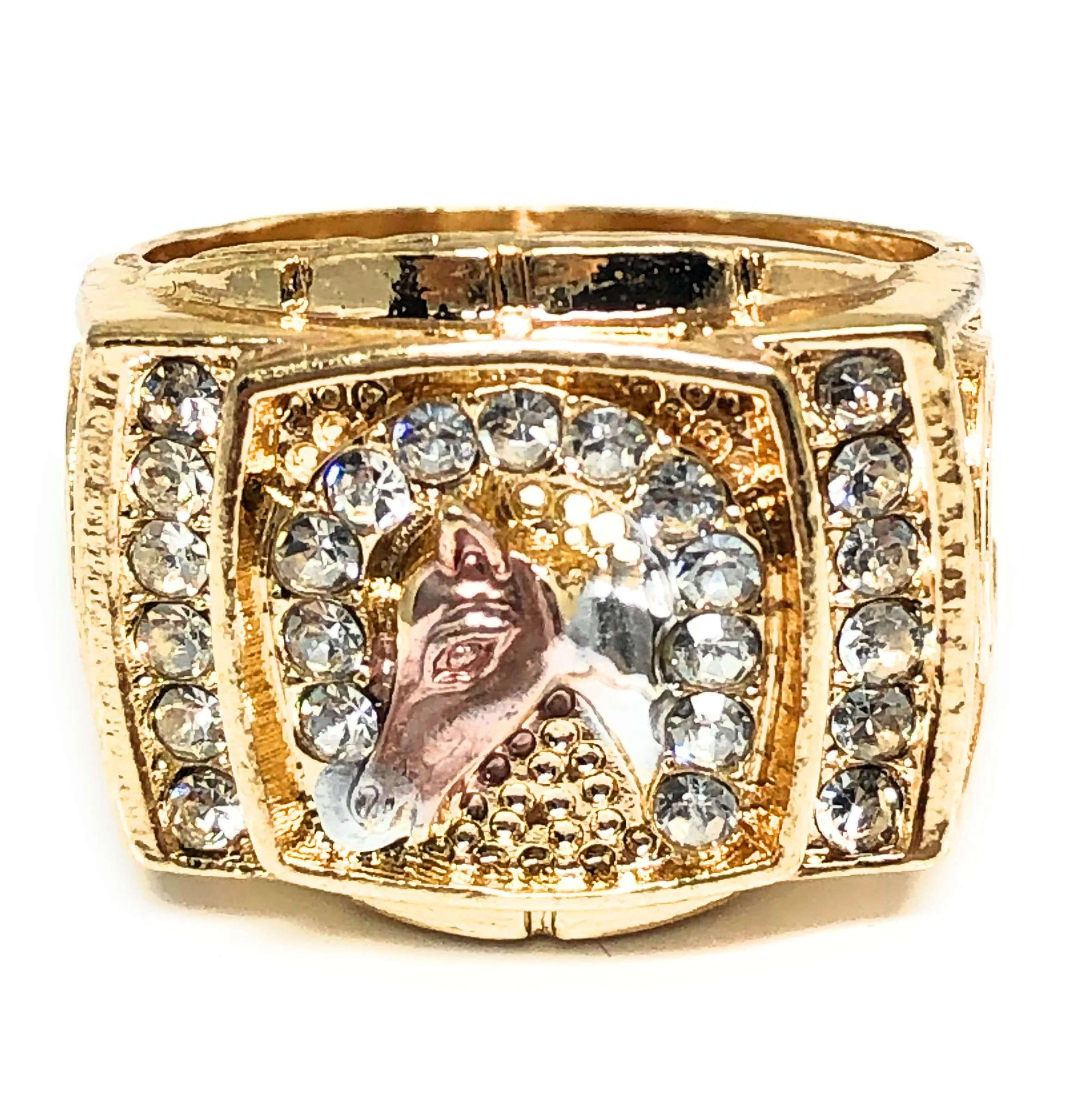 Gold Plated Tri-Color Horse & Horseshoe CZ Ring Anillo