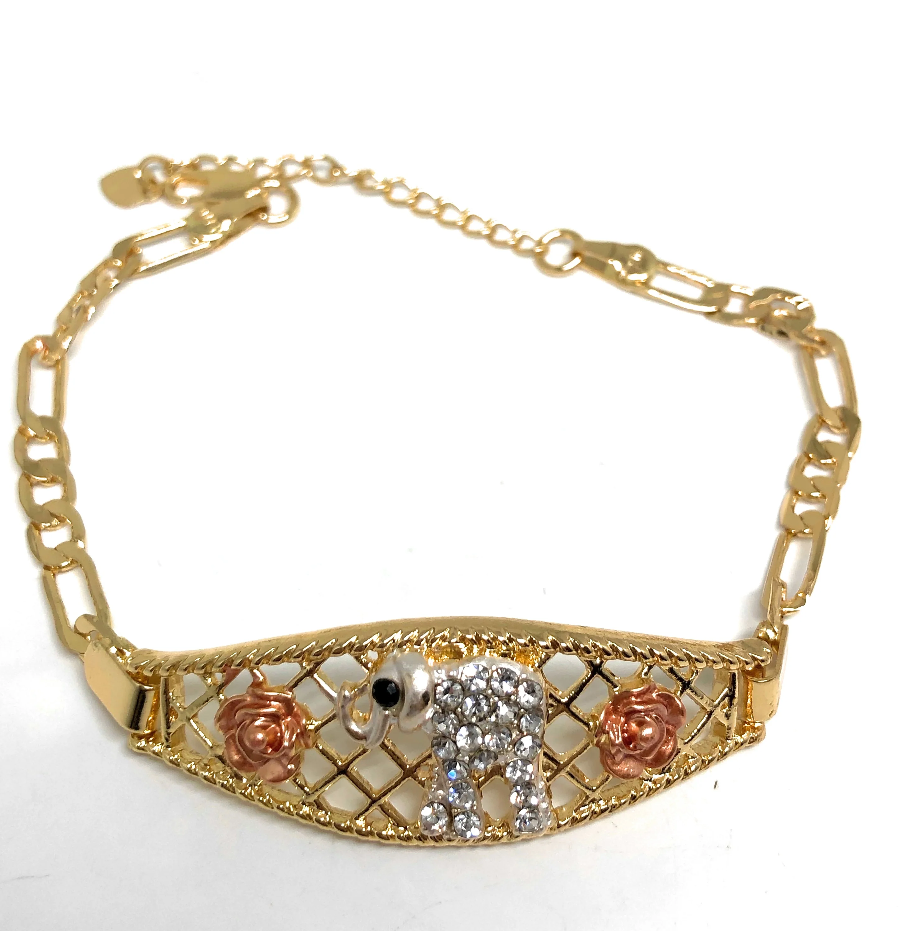 Gold Plated Tri-Color Lucky Elephant Bracelet Esclava Suerte 8” - Image 3