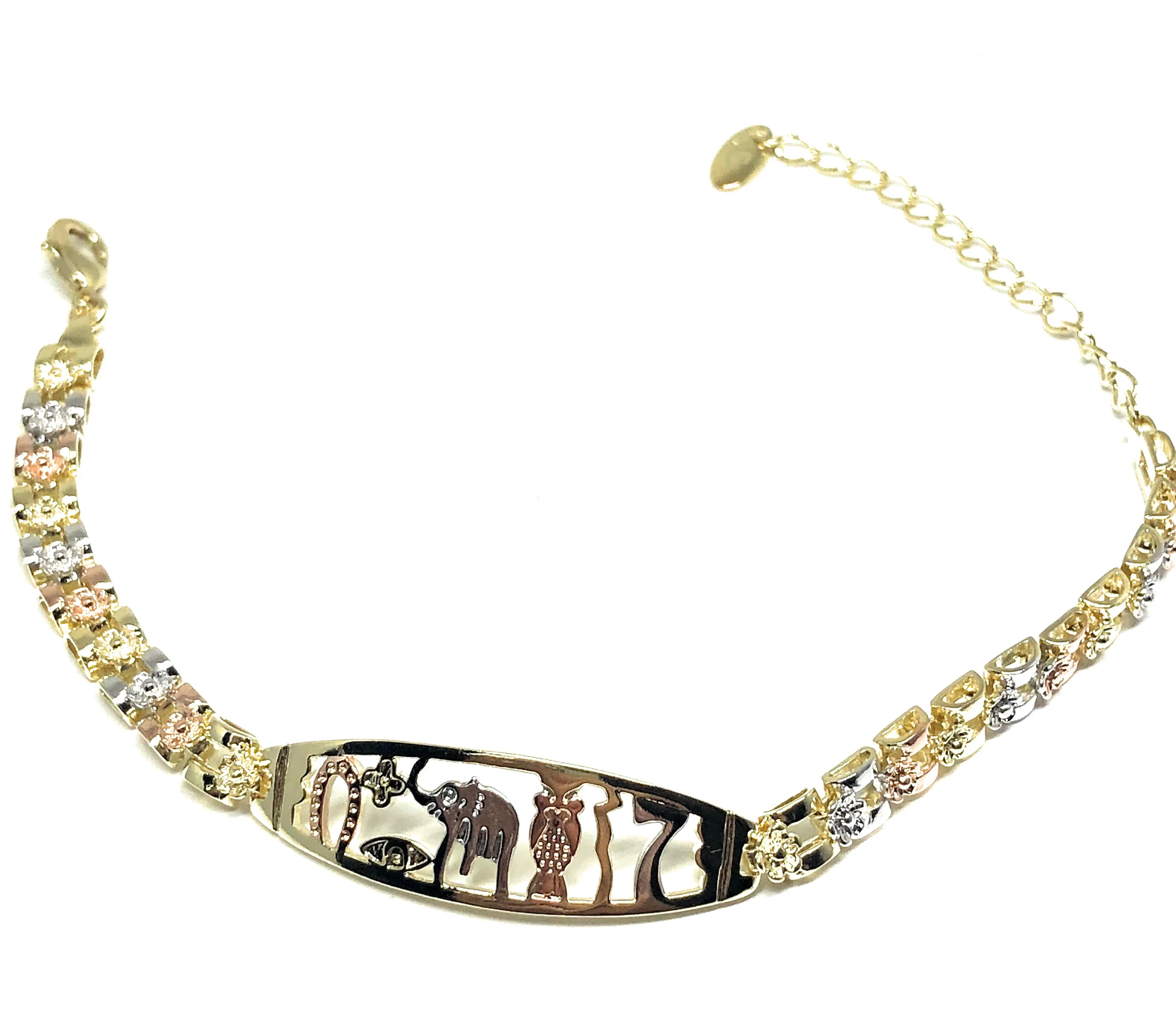 Gold Plated Tri-Color Lucky Symbols Bracelet Pulsera Tres Colores Suerte 8” - Image 3