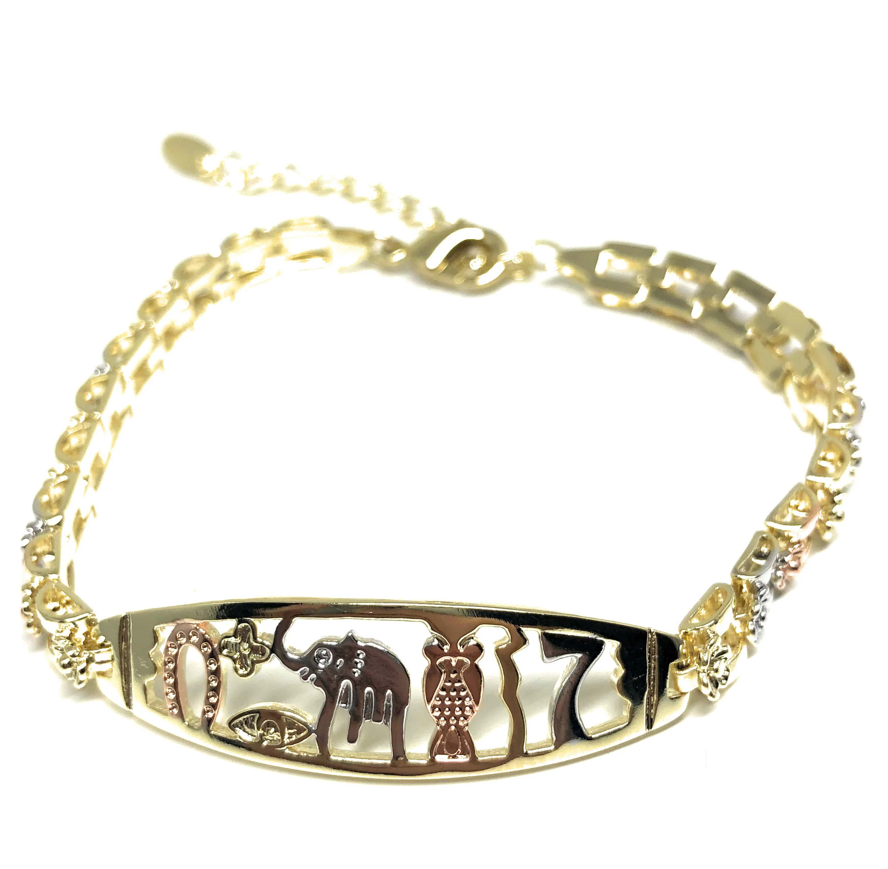 Gold Plated Tri-Color Lucky Symbols Bracelet Pulsera Tres Colores Suerte 8” - Image 4