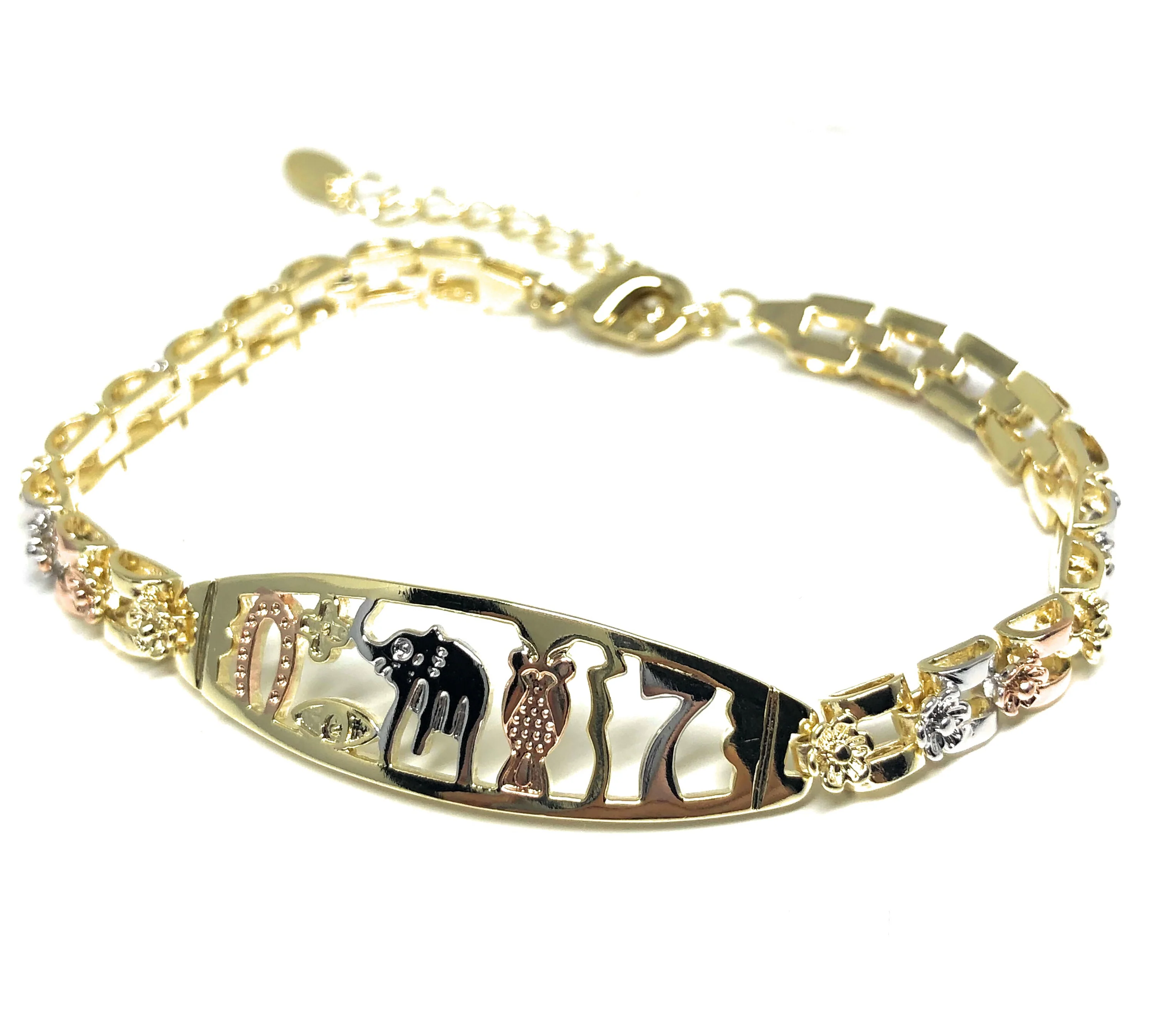 Gold Plated Tri-Color Lucky Symbols Bracelet Pulsera Tres Colores Suerte 8” - Image 5