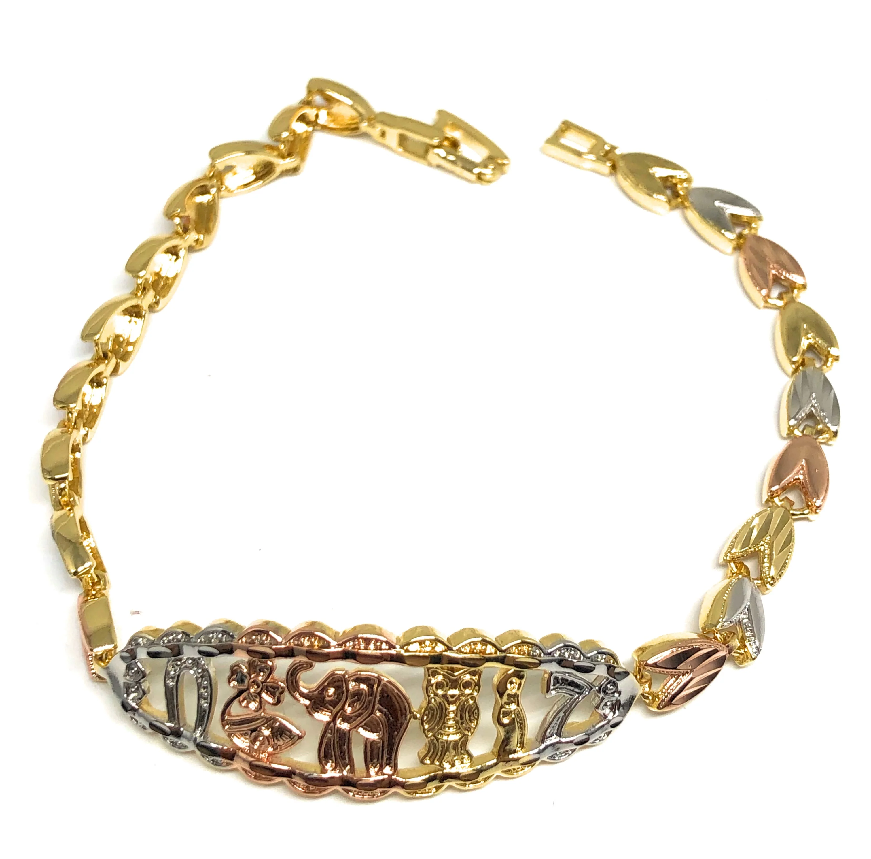 Gold Plated Tri-Color Lucky Symbols Bracelet Pulsera Tres Colores Suerte 8” - Image 3