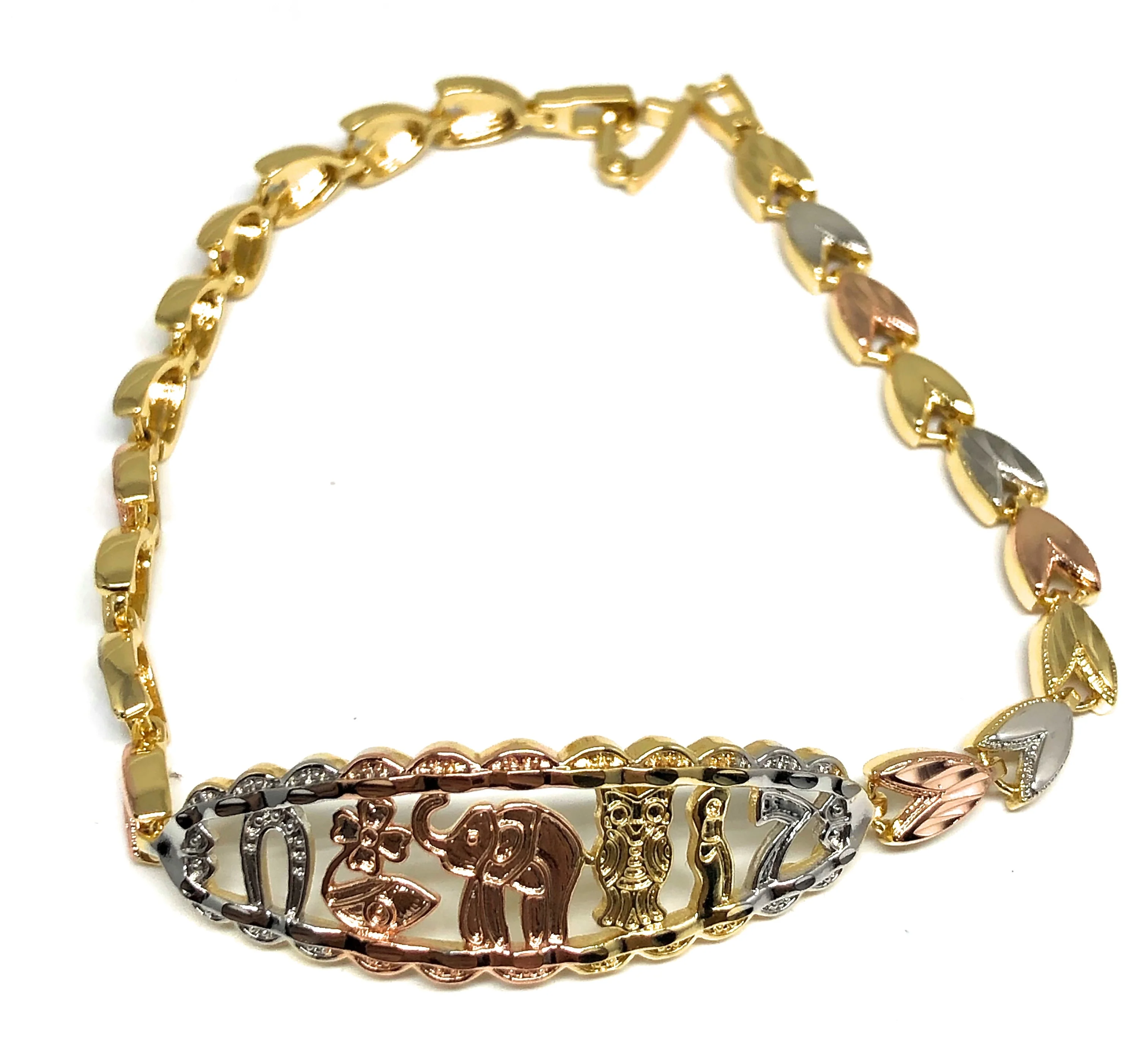 Gold Plated Tri-Color Lucky Symbols Bracelet Pulsera Tres Colores Suerte 8” - Image 5