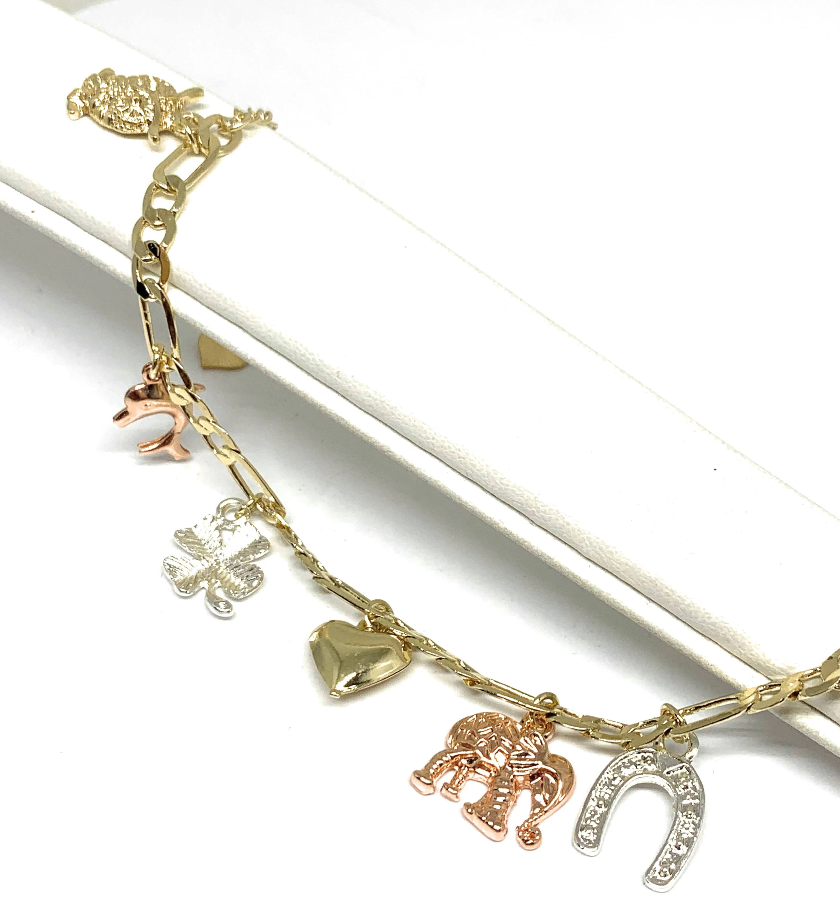 Gold Plated Tri-Color Lucky Symbols Charms Bracelet Pulsera Tres Colores Suerte 8” - Image 2