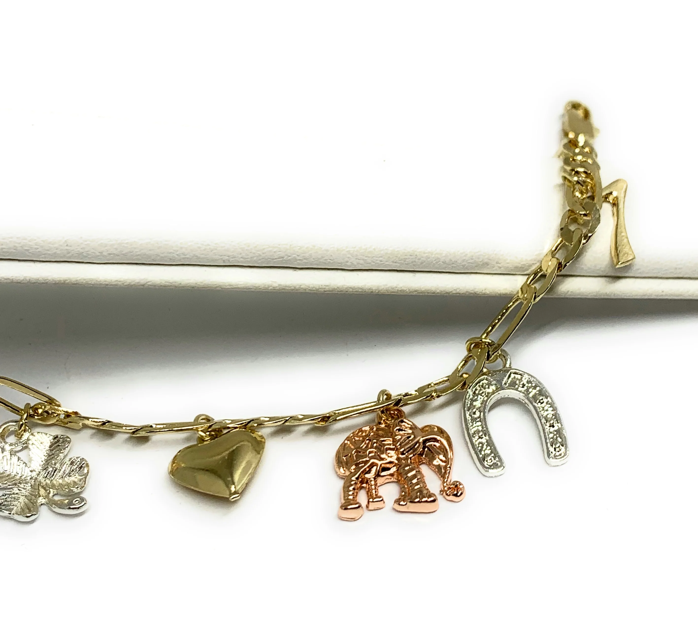 Gold Plated Tri-Color Lucky Symbols Charms Bracelet Pulsera Tres Colores Suerte 8” - Image 3