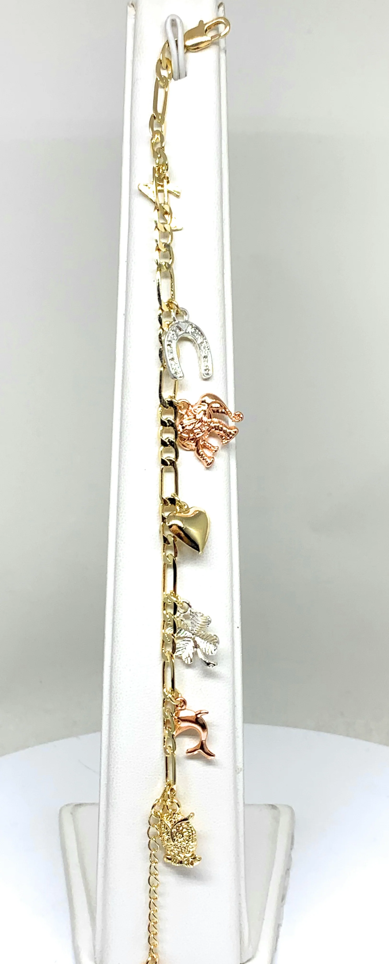 Gold Plated Tri-Color Lucky Symbols Charms Bracelet Pulsera Tres Colores Suerte 8” - Image 4