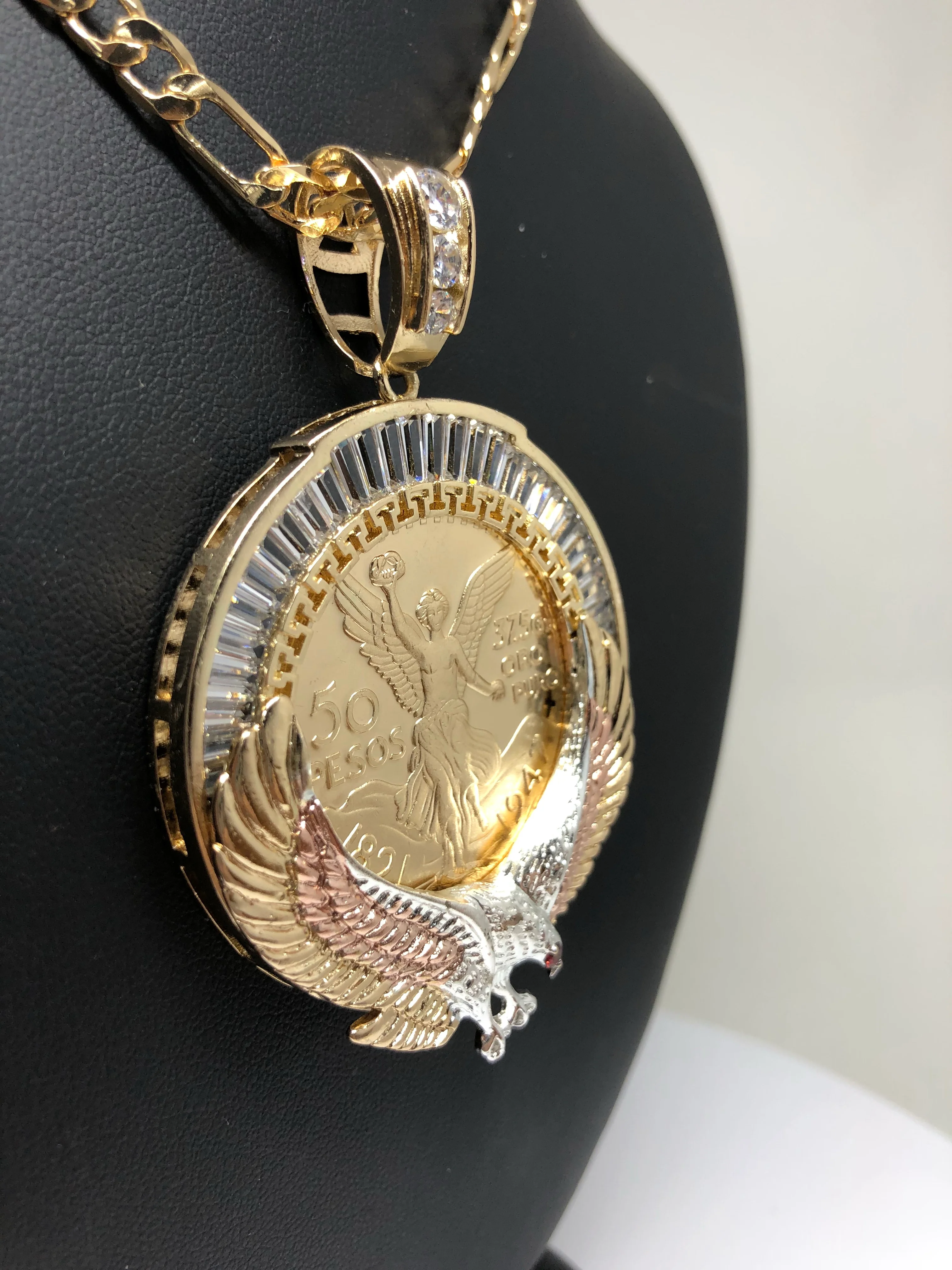 Gold Plated Tri-Color Mexican Coin Centenario Mexicano con Aguila Replica Oro Laminado Con Cadena Figaro 26" 5mm - Image 10