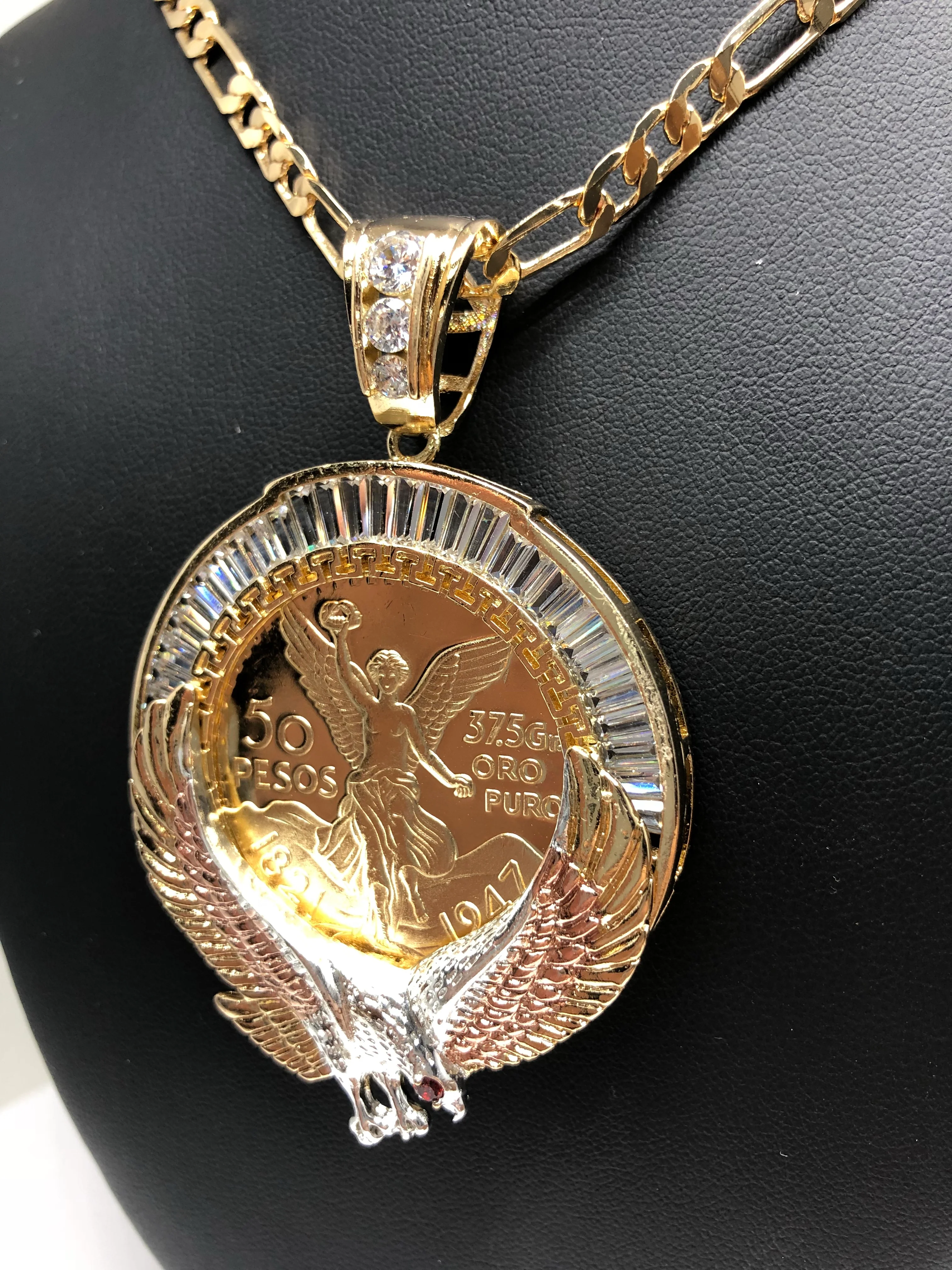 Gold Plated Tri-Color Mexican Coin Centenario Mexicano con Aguila Replica Oro Laminado Con Cadena Figaro 26" 5mm - Image 4