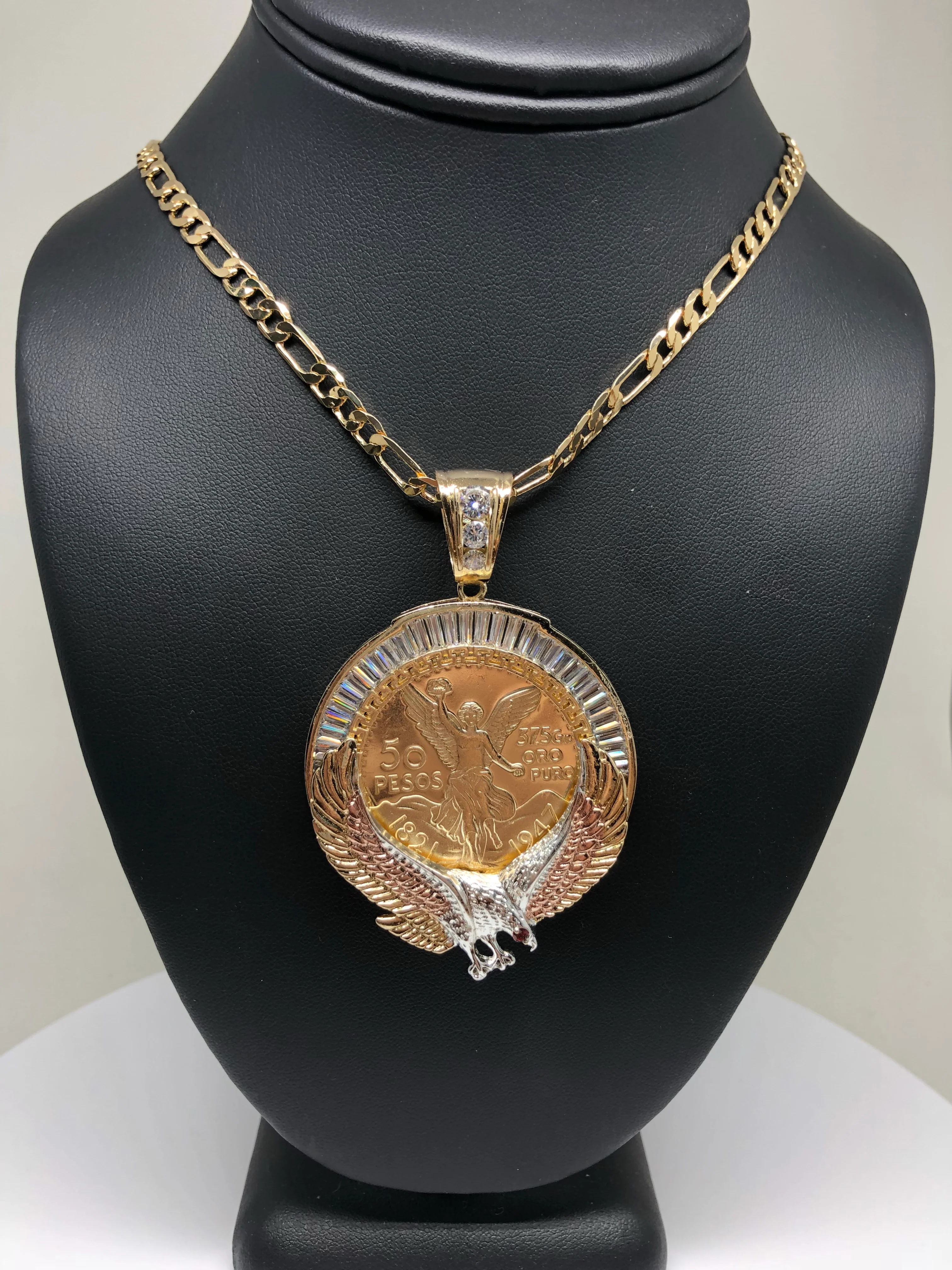 Gold Plated Tri-Color Mexican Coin Centenario Mexicano con Aguila Replica Oro Laminado Con Cadena Figaro 26" 5mm - Image 7
