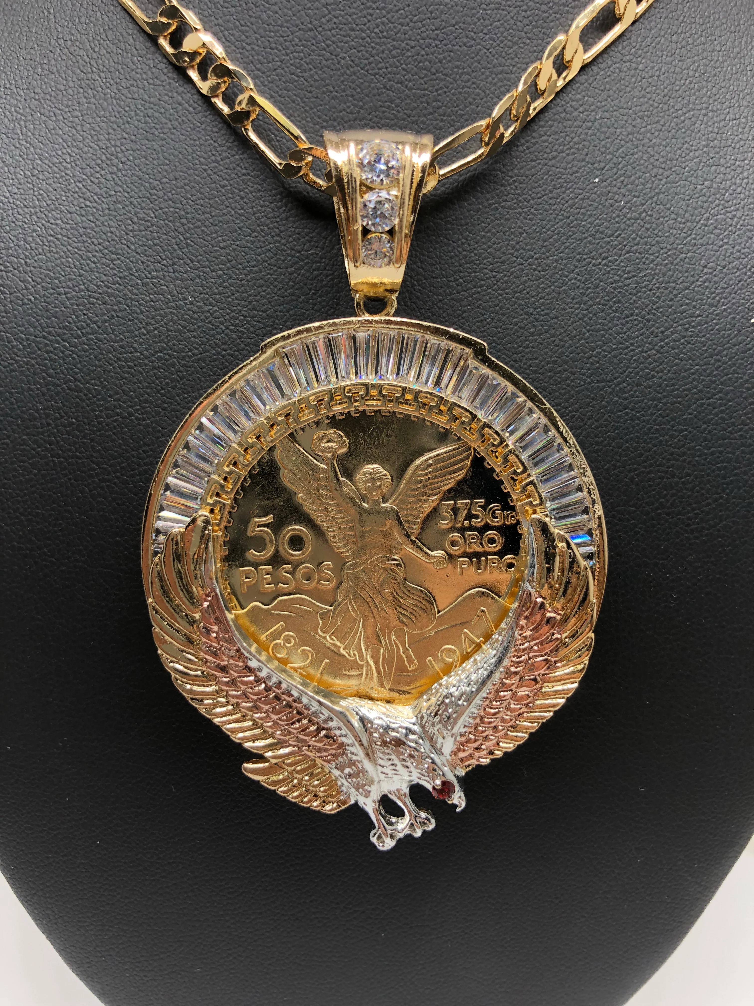 Gold Plated Tri-Color Mexican Coin Centenario Mexicano con Aguila Replica Oro Laminado Con Cadena Figaro 26" 5mm - Image 9
