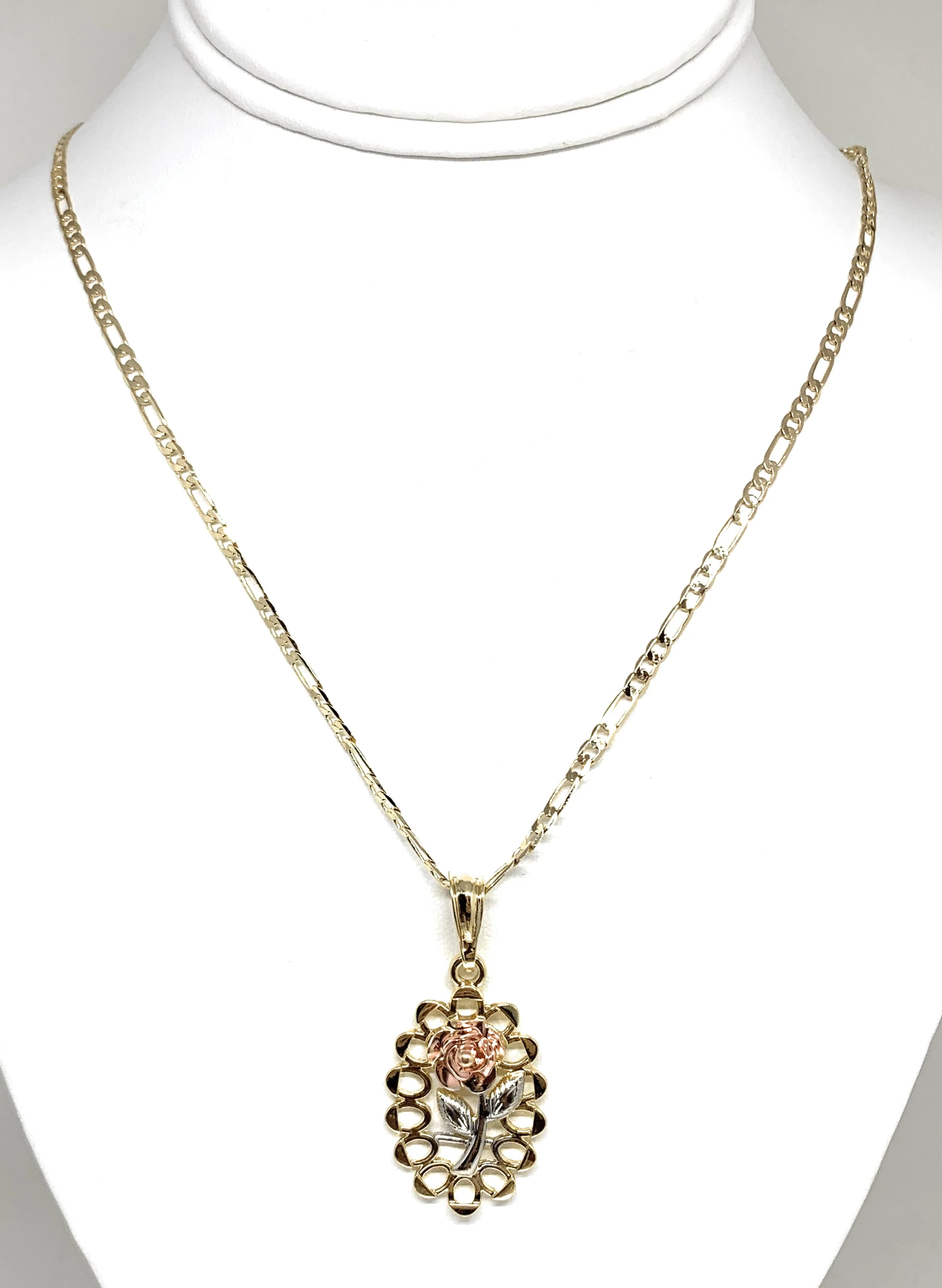 Gold Plated Tri-Color Oval Rose Pendant Necklace Chain 24” Flor Pendant - Image 3