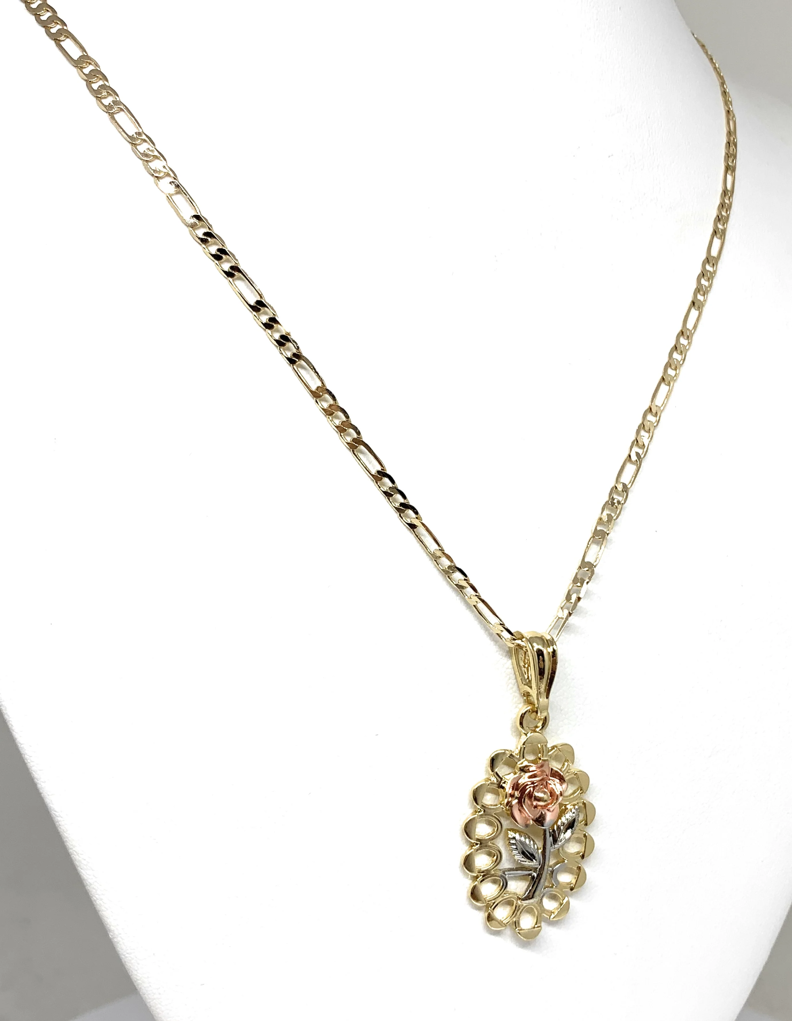 Gold Plated Tri-Color Oval Rose Pendant Necklace Chain 24” Flor Pendant - Image 4