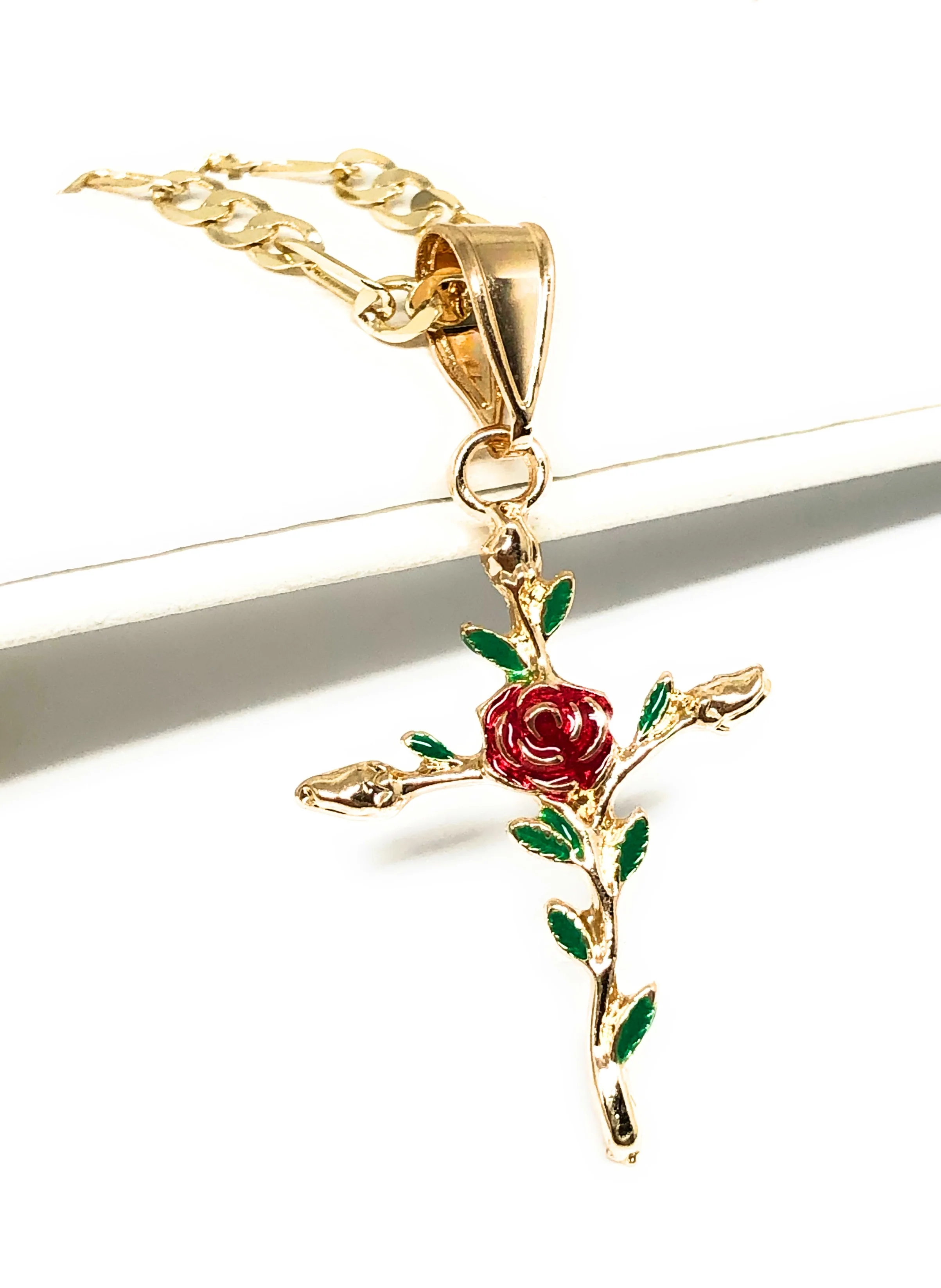 Gold Plated Tri-Color Red Cross Crucifix 24" Chain Cruz Crucifijo - Image 3