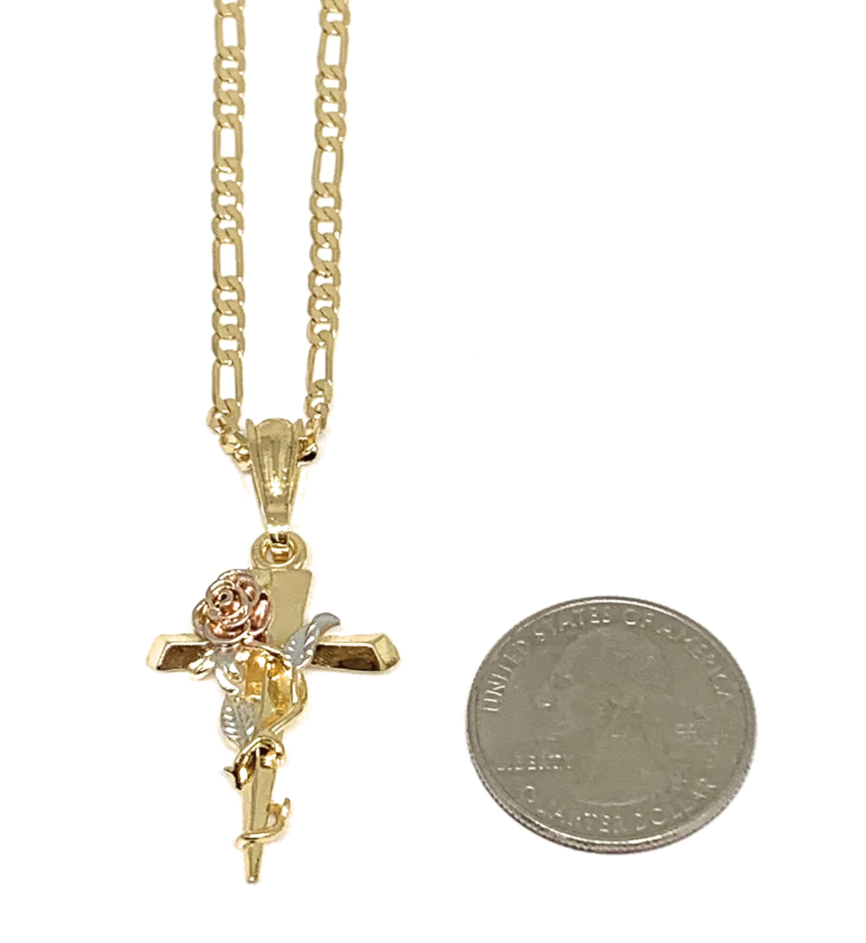 Gold Plated Tri-Color Rose Cross Crucifix 24" Chain Cruz Crucifijo - Image 3