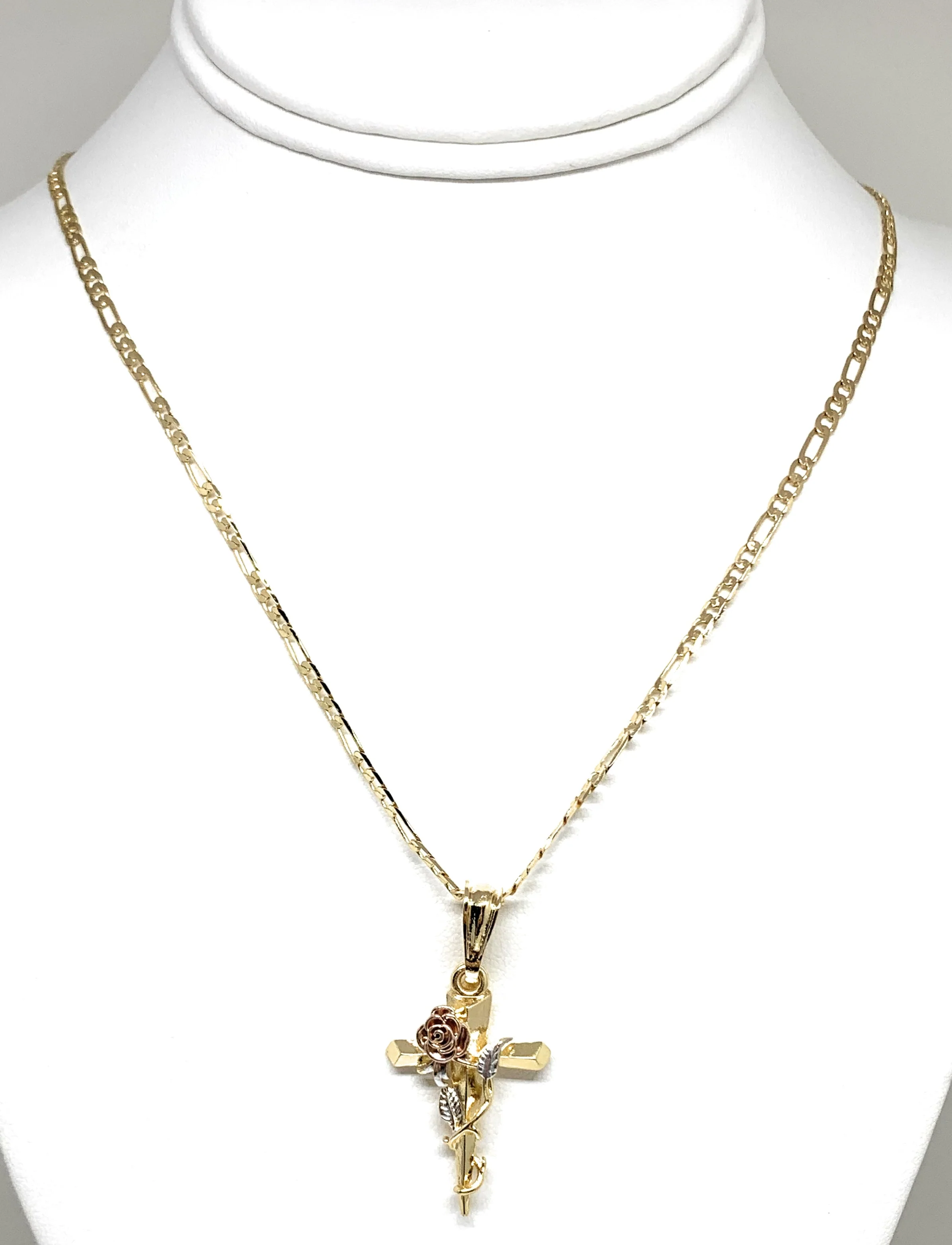 Gold Plated Tri-Color Rose Cross Crucifix 24" Chain Cruz Crucifijo - Image 4