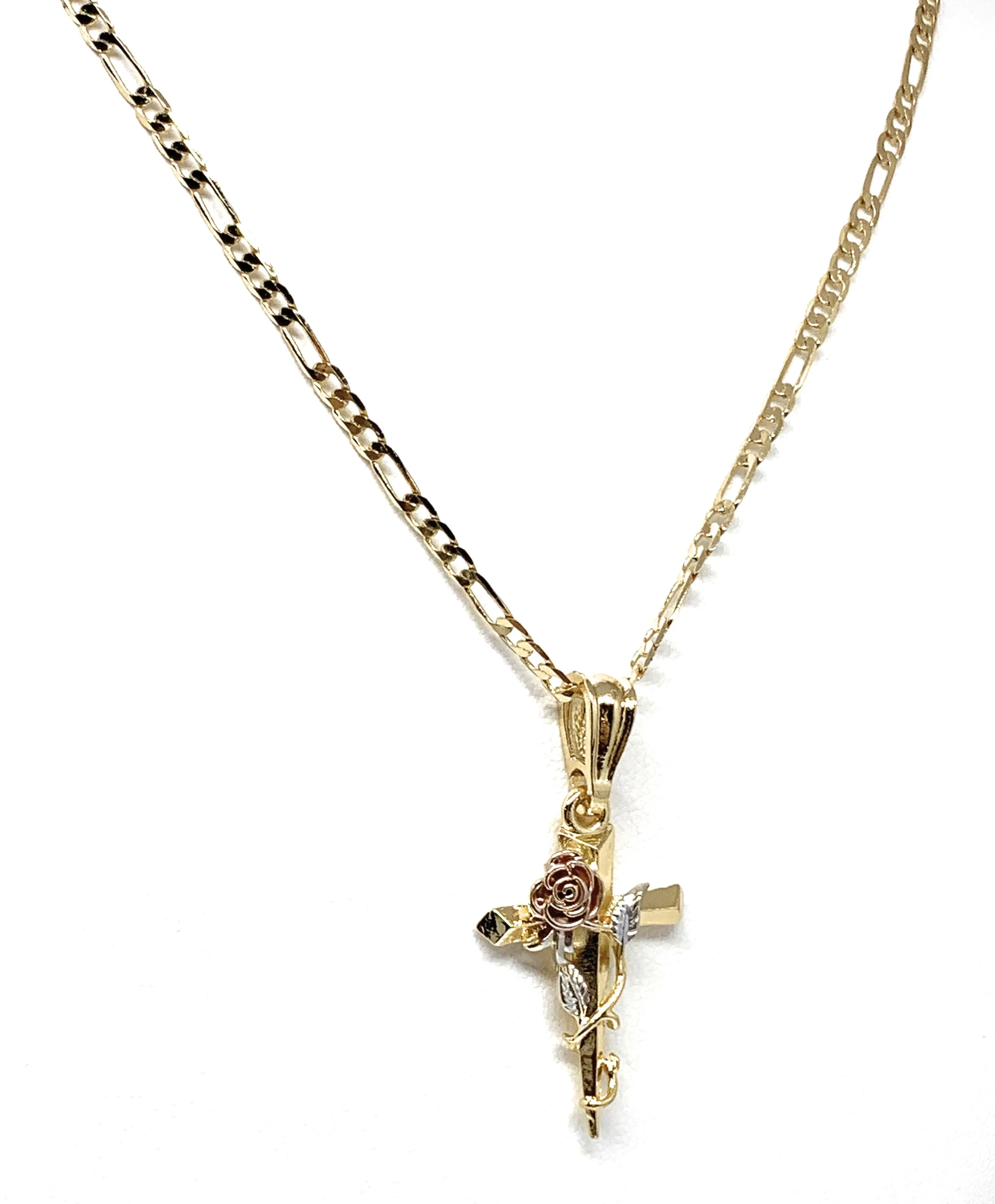 Gold Plated Tri-Color Rose Cross Crucifix 24" Chain Cruz Crucifijo - Image 5