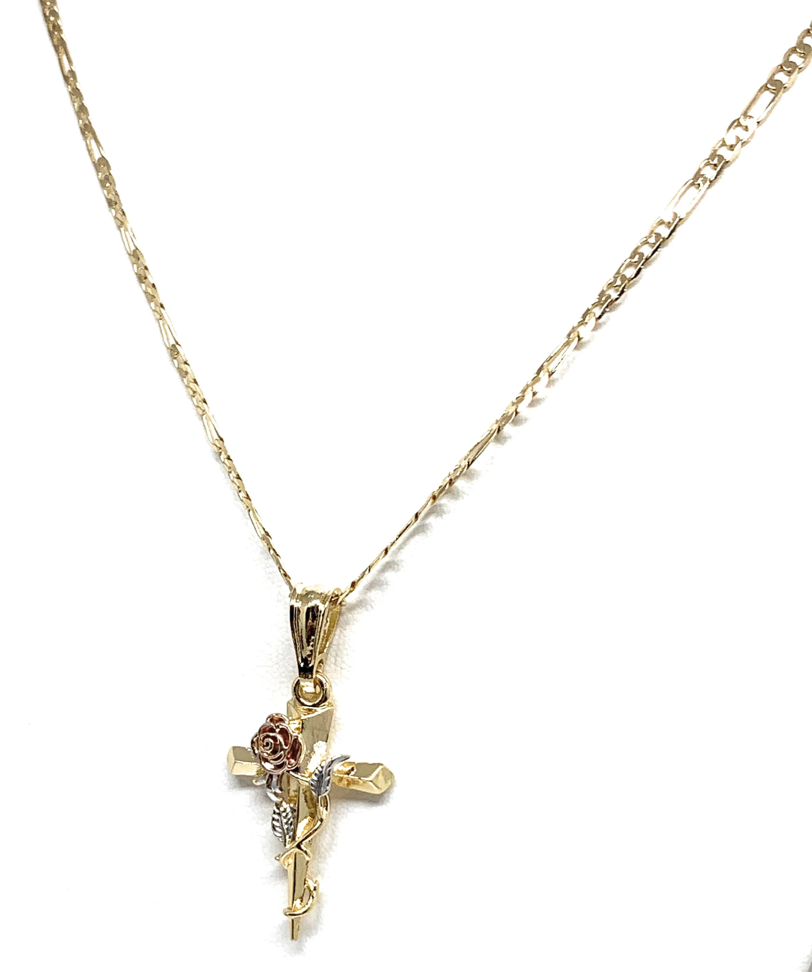 Gold Plated Tri-Color Rose Cross Crucifix 24" Chain Cruz Crucifijo - Image 6