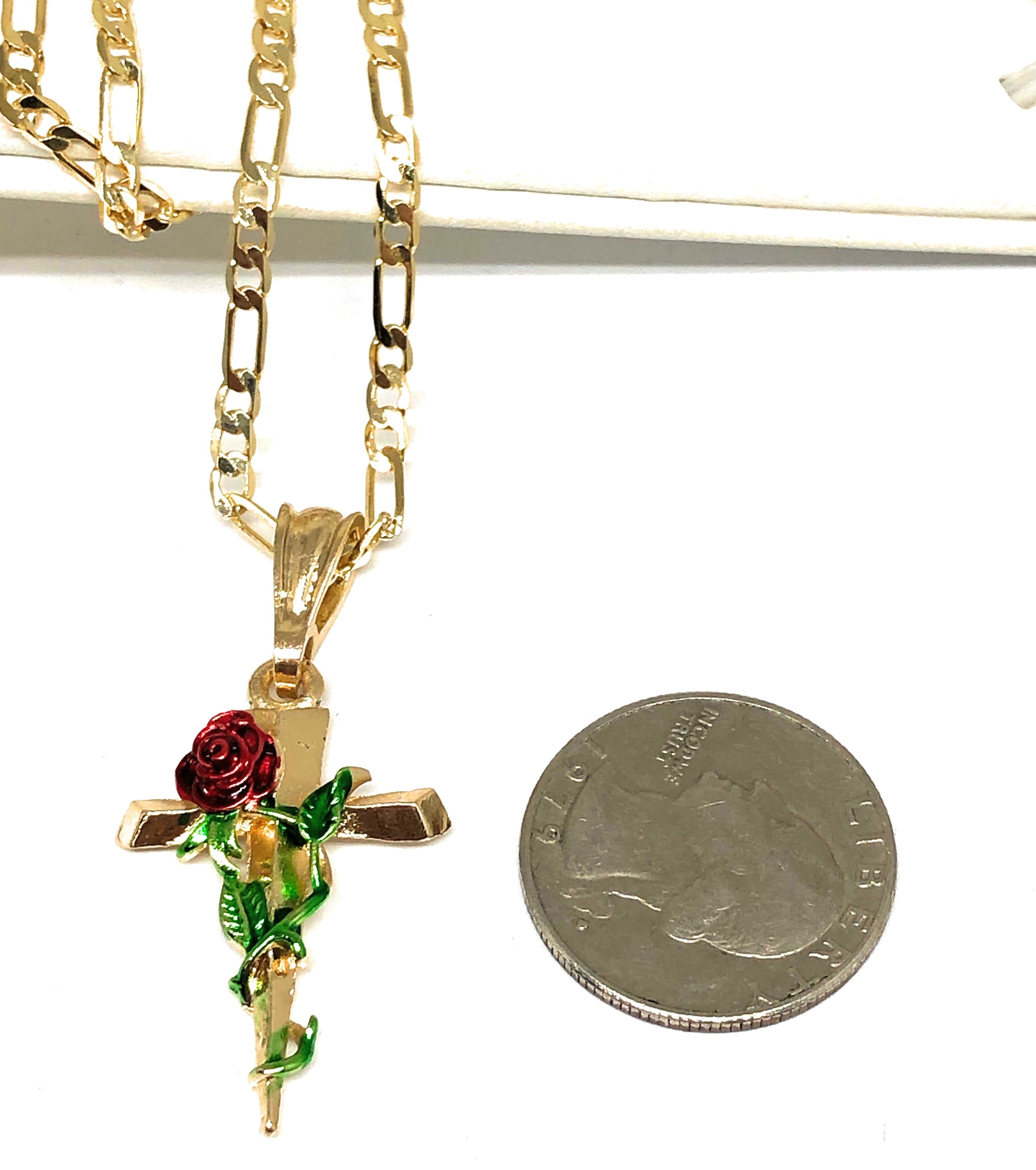 Gold Plated Tri-Color Rose Cross Crucifix 24" Chain Cruz Crucifijo - Image 8