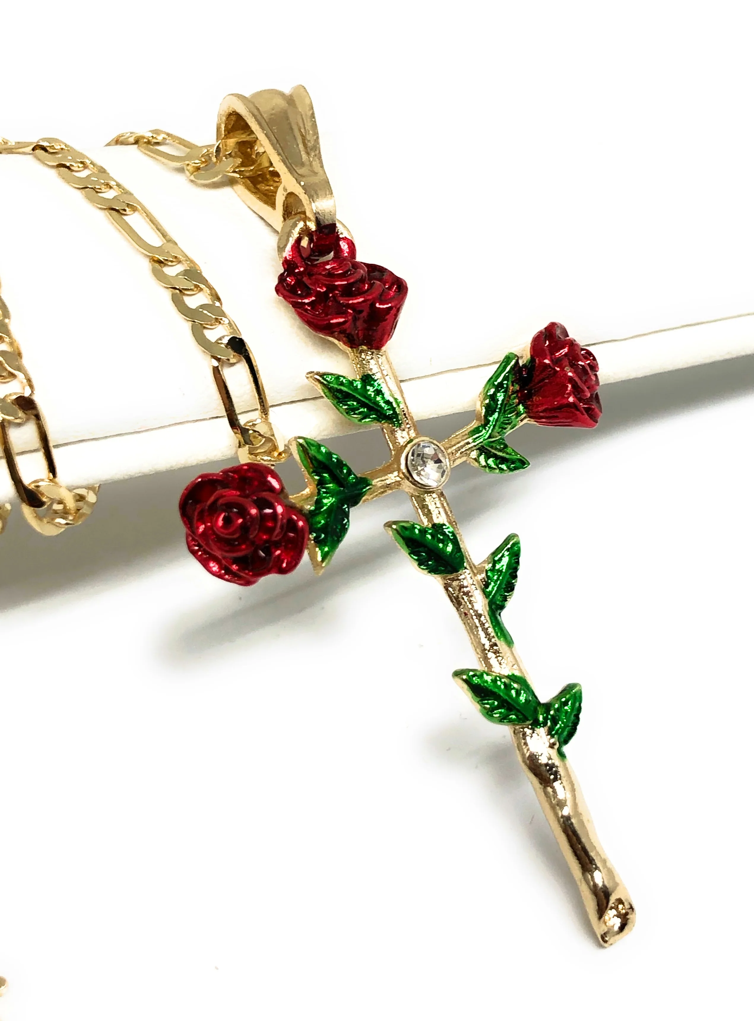 Gold Plated Tri-Color Rose CZ Cross Crucifix 24" Chain Cruz Crucifijo - Image 3