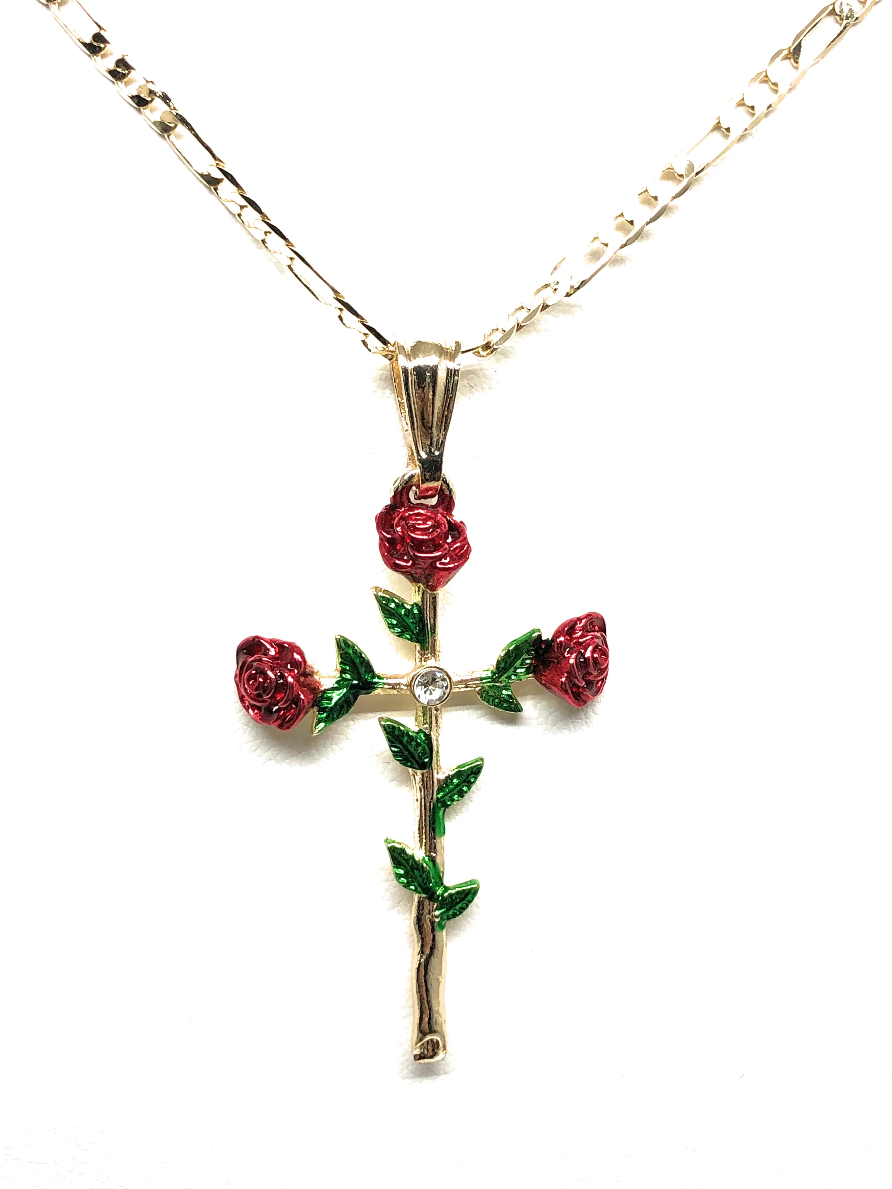 Gold Plated Tri-Color Rose CZ Cross Crucifix 24" Chain Cruz Crucifijo - Image 4
