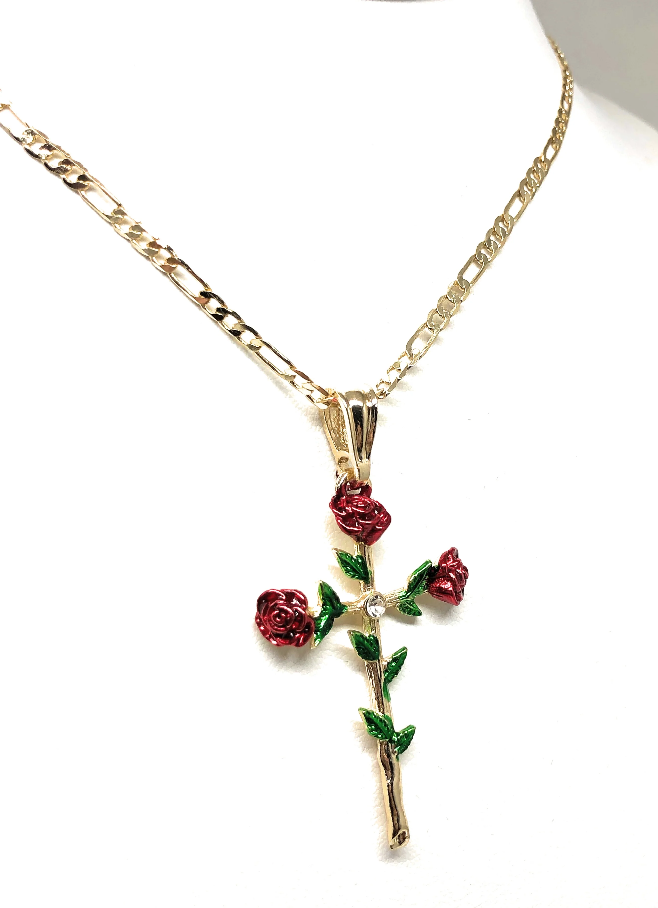 Gold Plated Tri-Color Rose CZ Cross Crucifix 24" Chain Cruz Crucifijo - Image 6