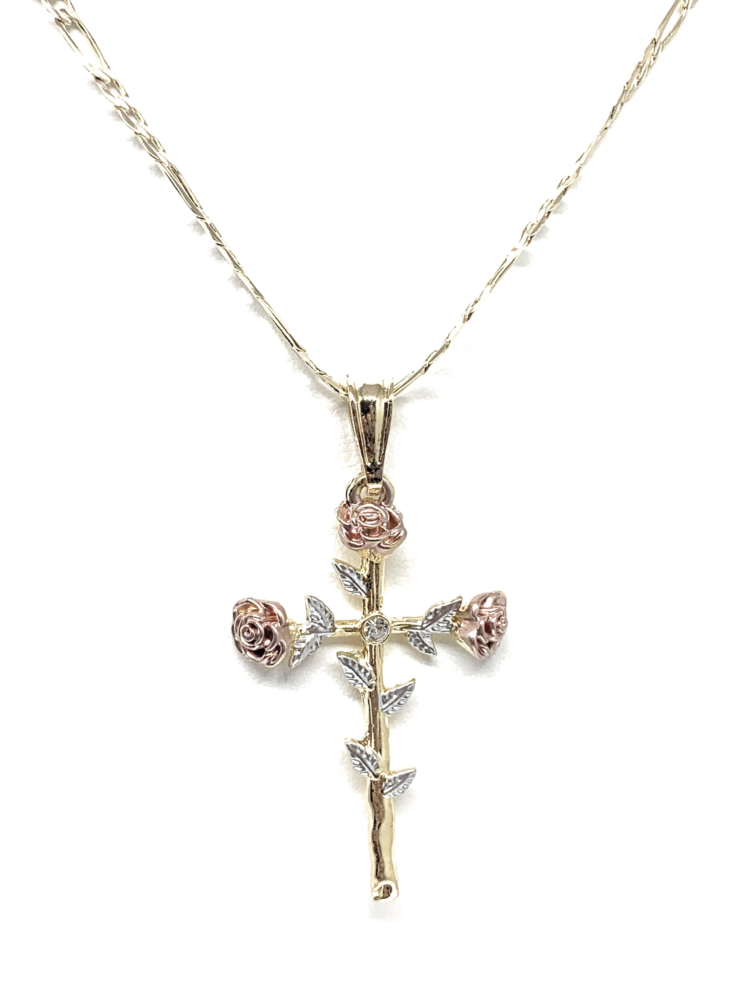 Gold Plated Tri-Color Rose CZ Cross Crucifix 24" Chain Cruz Crucifijo - Image 2