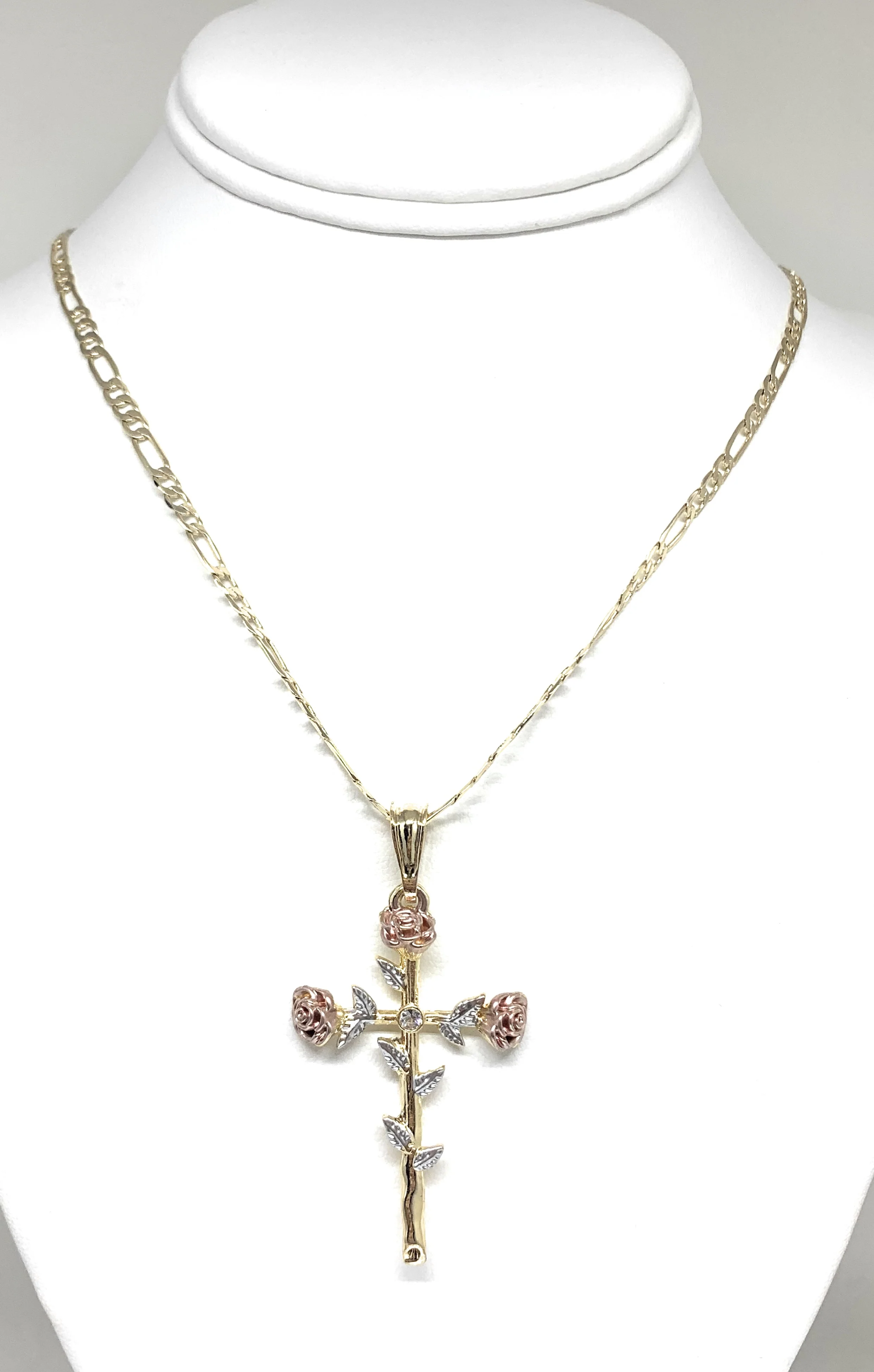 Gold Plated Tri-Color Rose CZ Cross Crucifix 24" Chain Cruz Crucifijo - Image 3