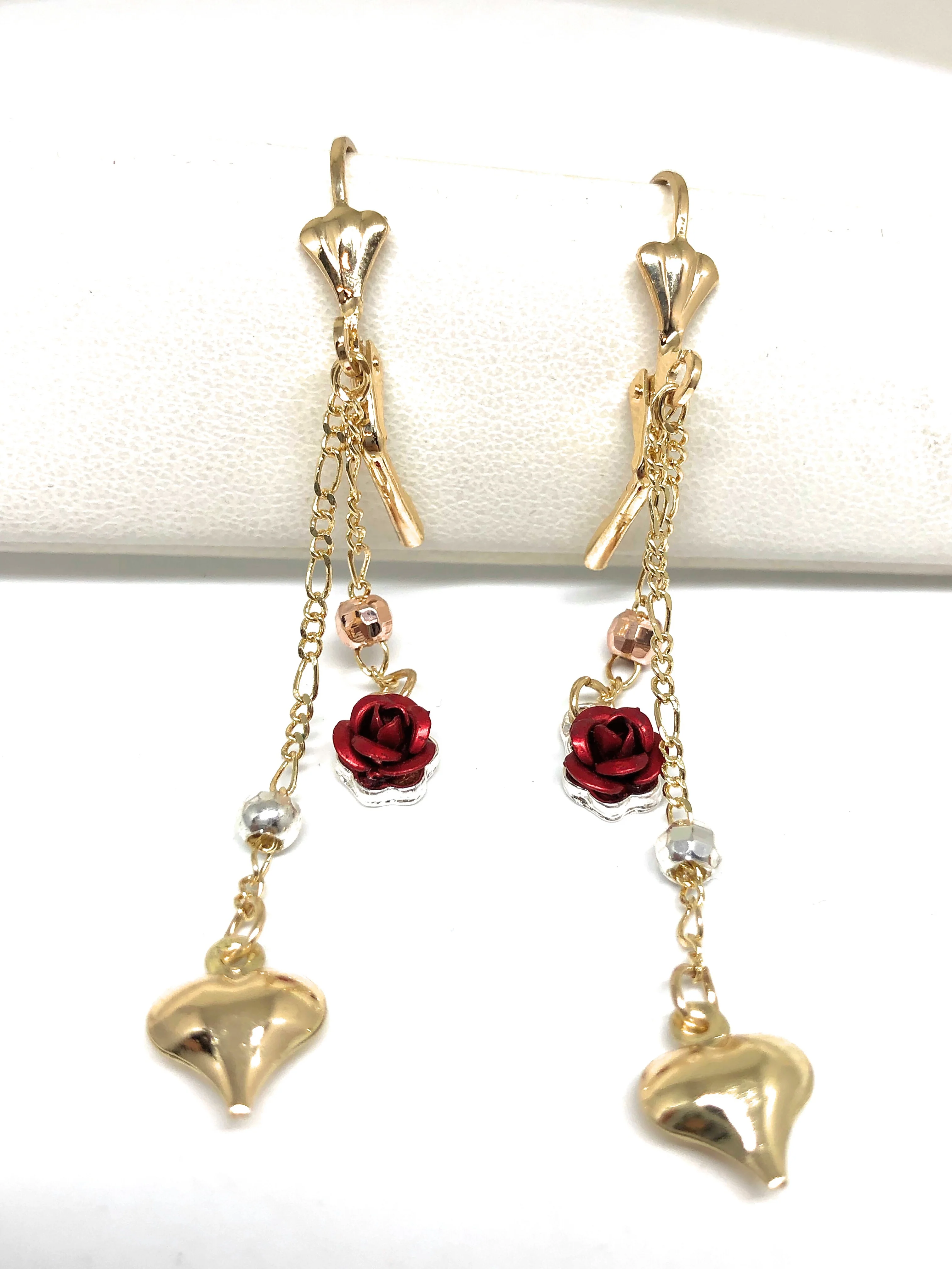 Gold Plated Tri-Color Rose Heart Dangle Earrings Aretes Tres Colores - Image 2