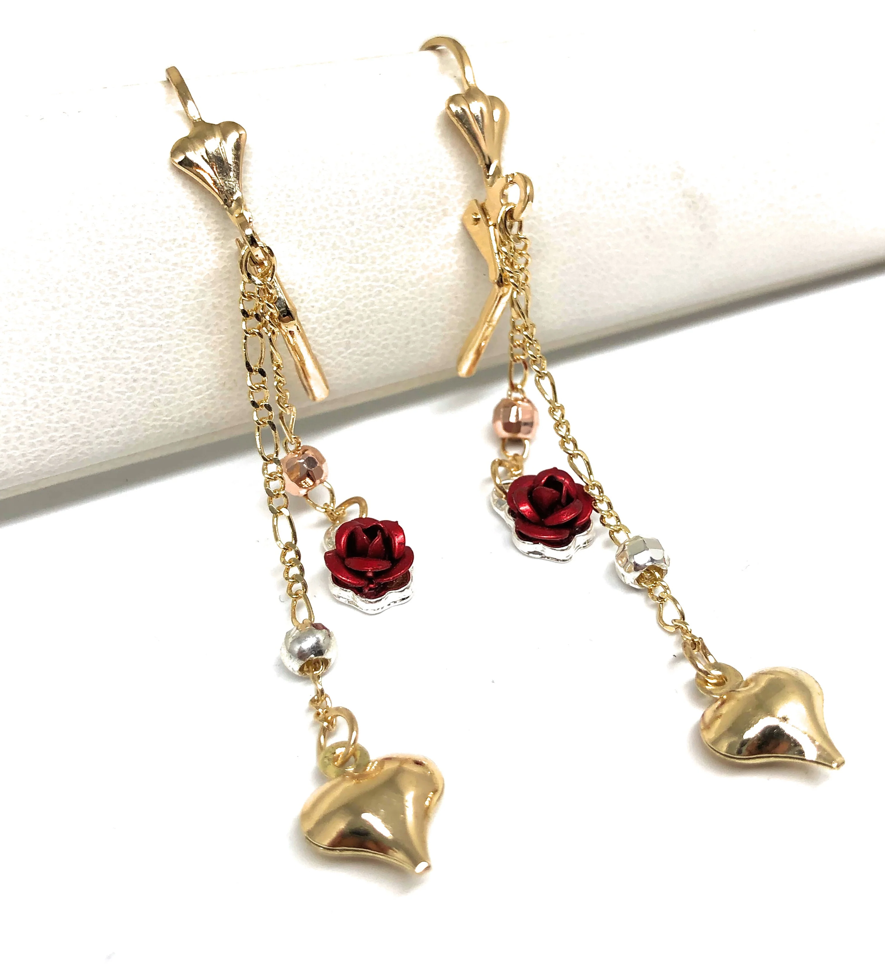 Gold Plated Tri-Color Rose Heart Dangle Earrings Aretes Tres Colores - Image 3