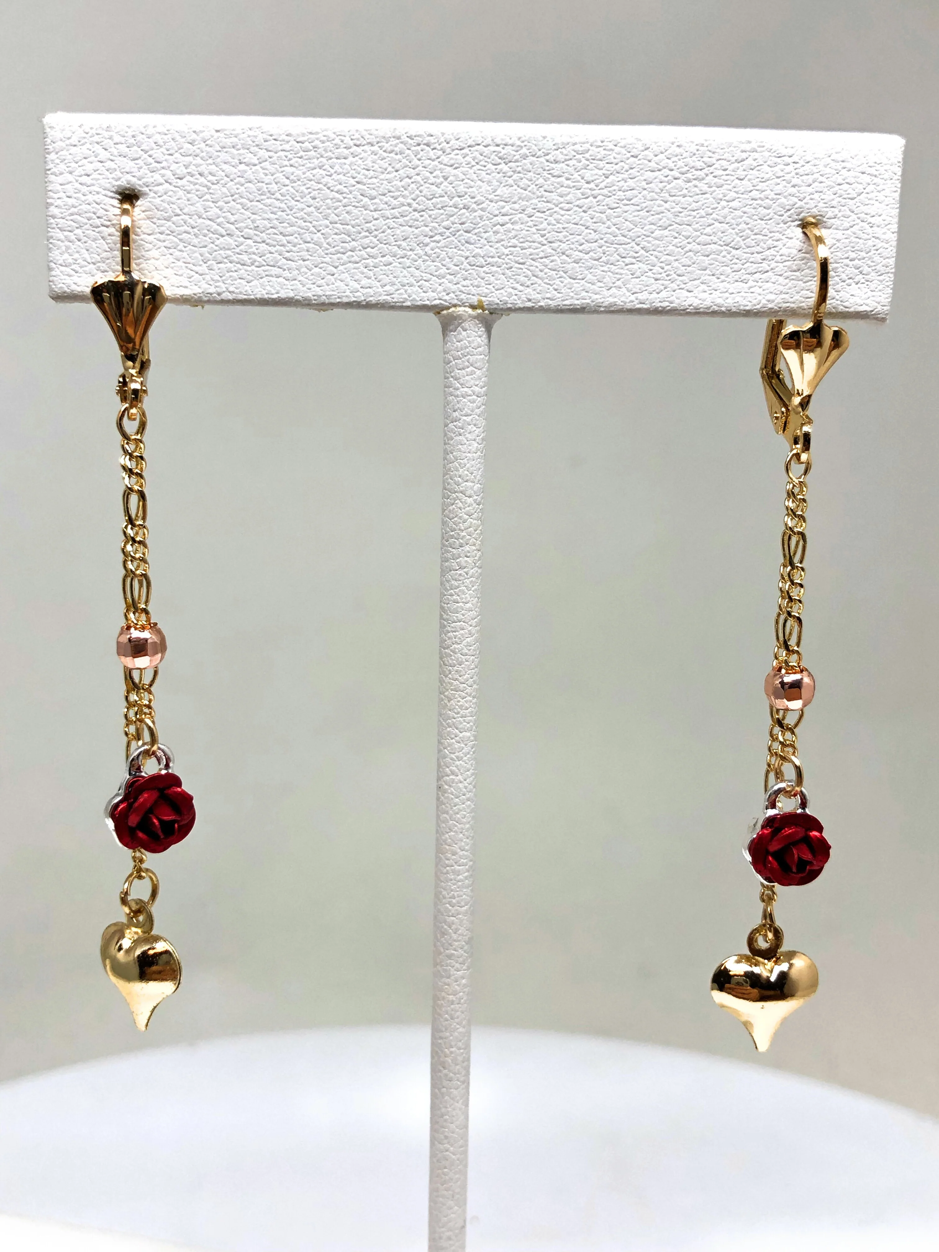 Gold Plated Tri-Color Rose Heart Dangle Earrings Aretes Tres Colores - Image 4