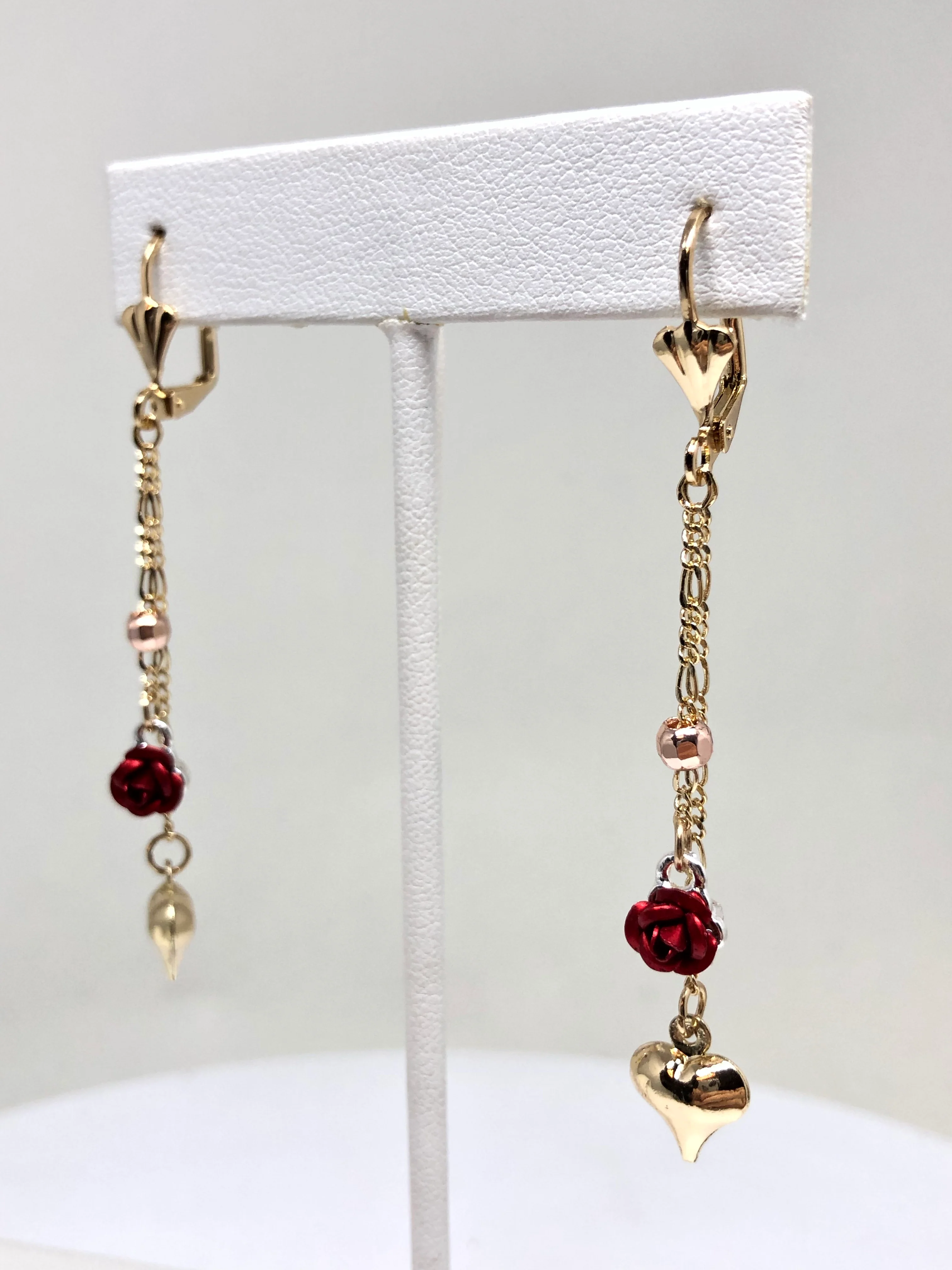 Gold Plated Tri-Color Rose Heart Dangle Earrings Aretes Tres Colores - Image 5