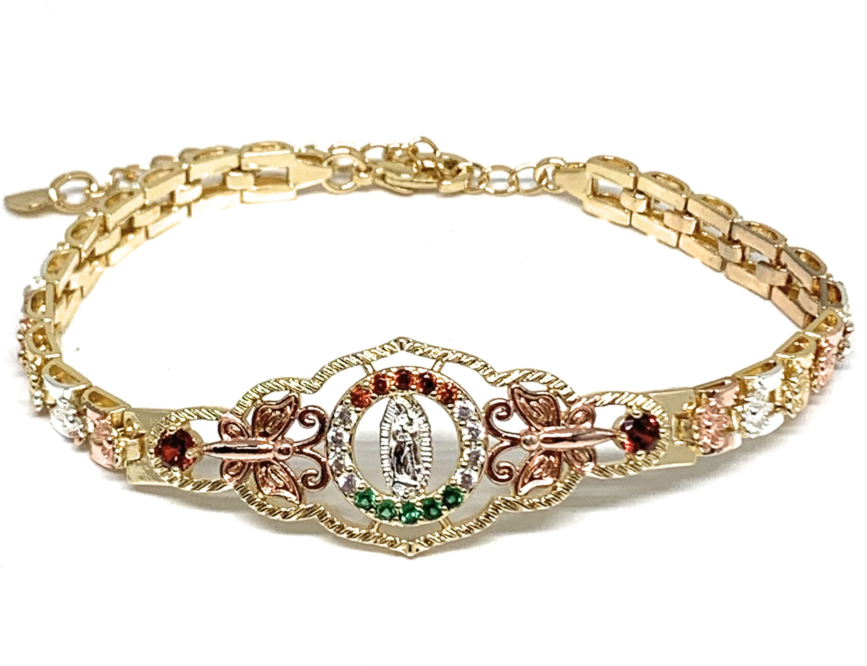 Gold Plated Tri-Color Round Virgin Mary Butterfly Bracelet Virgen De Guadalupe Pulsera 8" - Image 2