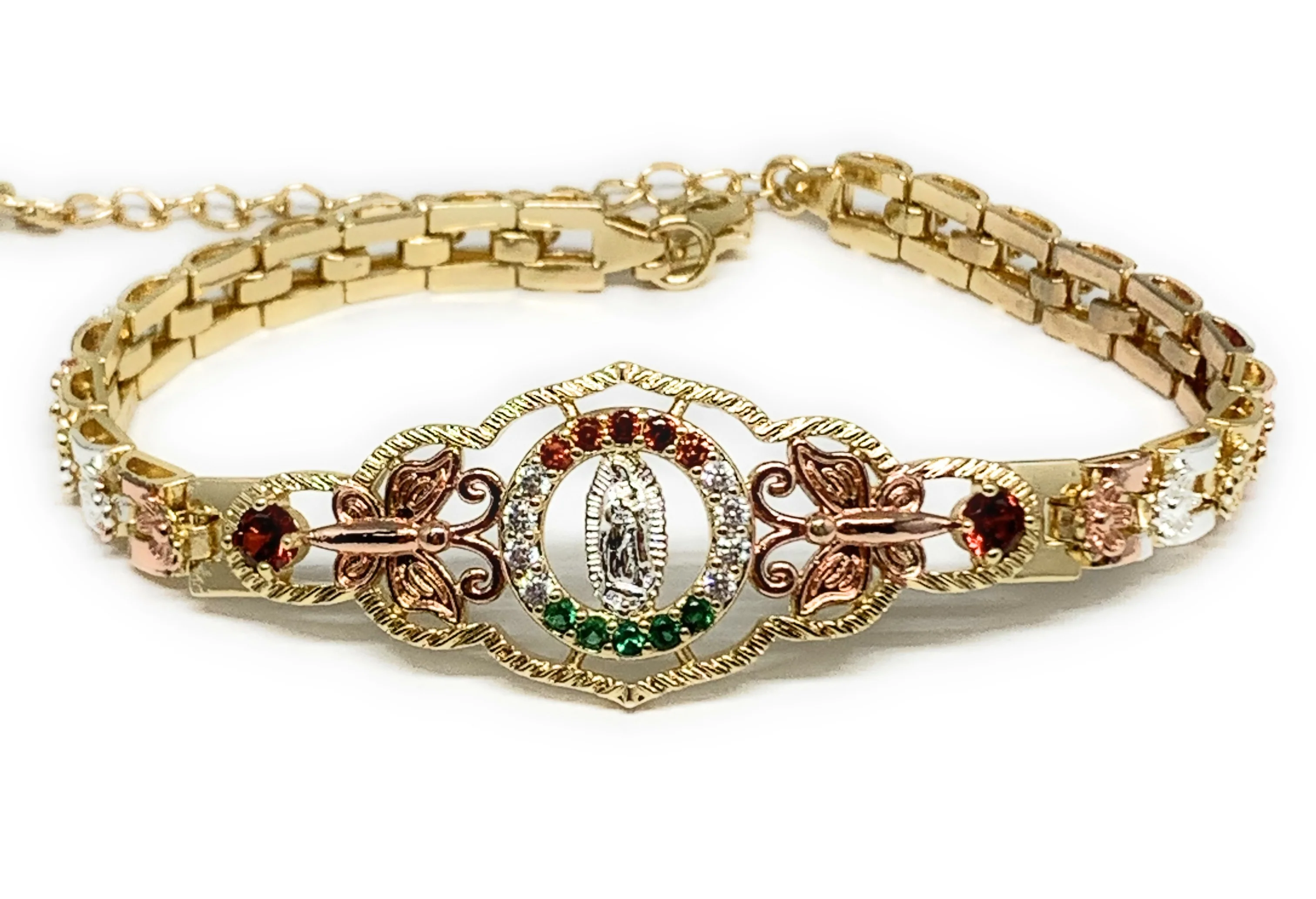 Gold Plated Tri-Color Round Virgin Mary Butterfly Bracelet Virgen De Guadalupe Pulsera 8" - Image 4