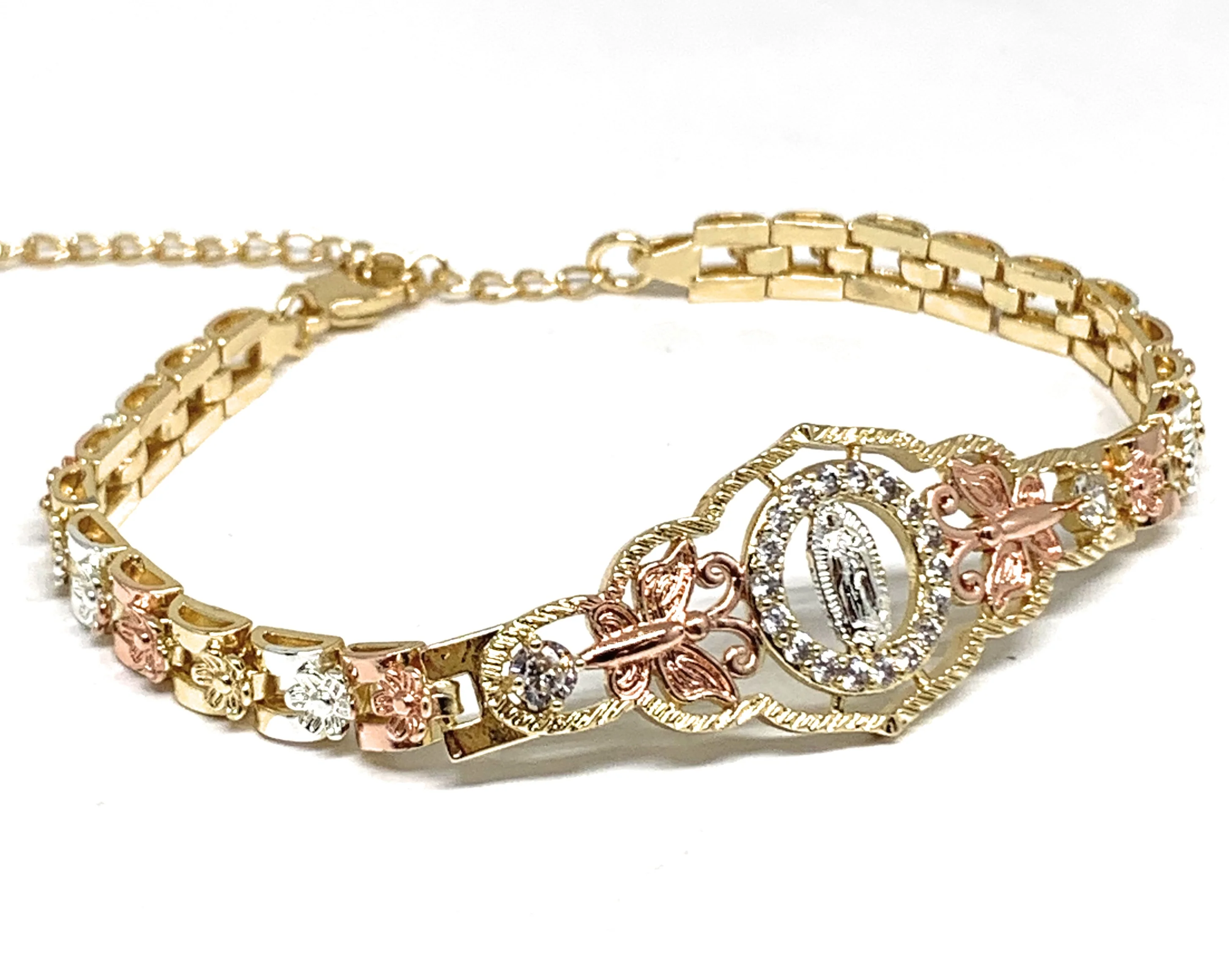 Gold Plated Tri-Color Round Virgin Mary Butterfly Bracelet Virgen De Guadalupe Pulsera 8" - Image 6