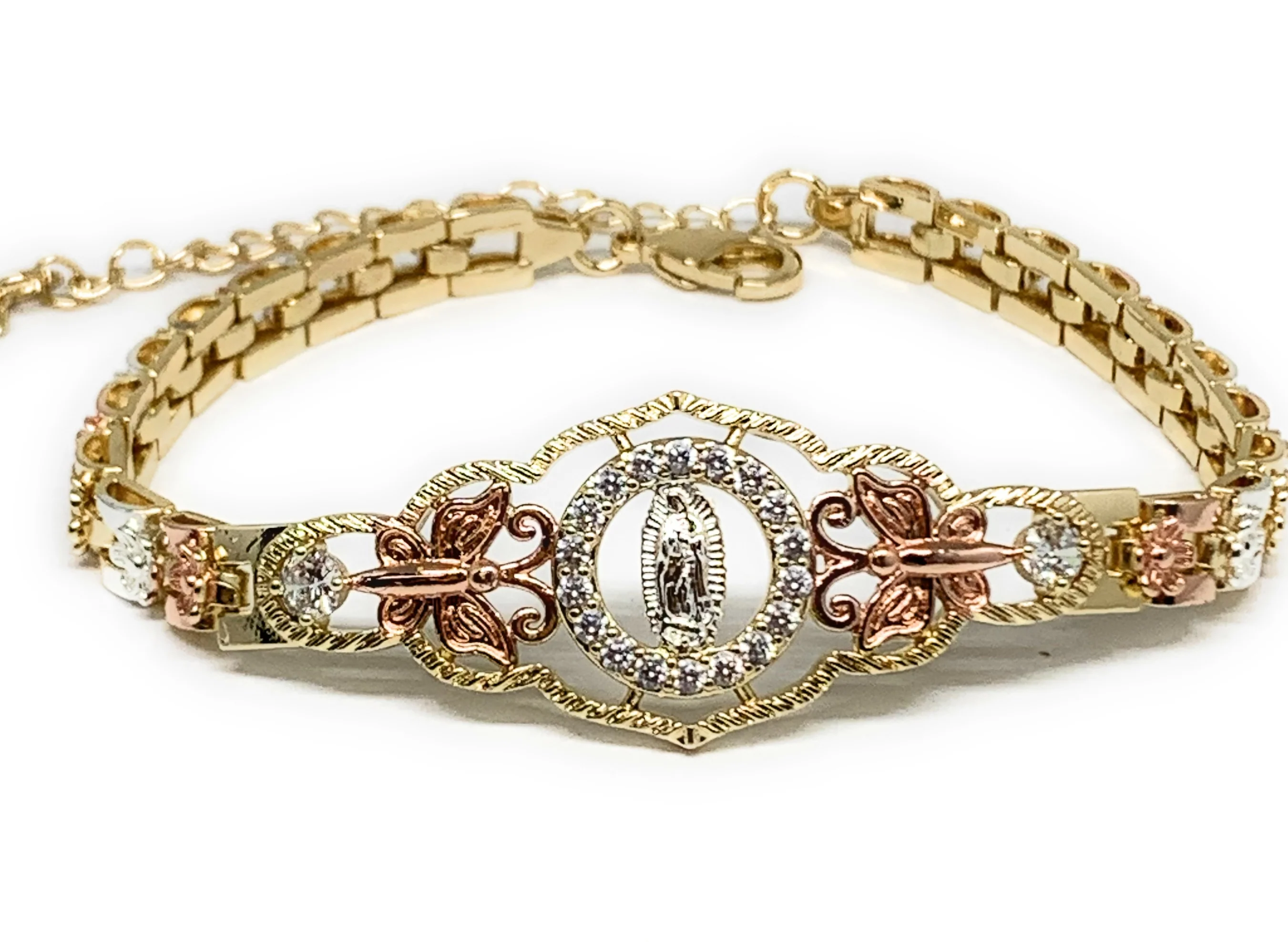 Gold Plated Tri-Color Round Virgin Mary Butterfly Bracelet Virgen De Guadalupe Pulsera 8" - Image 7