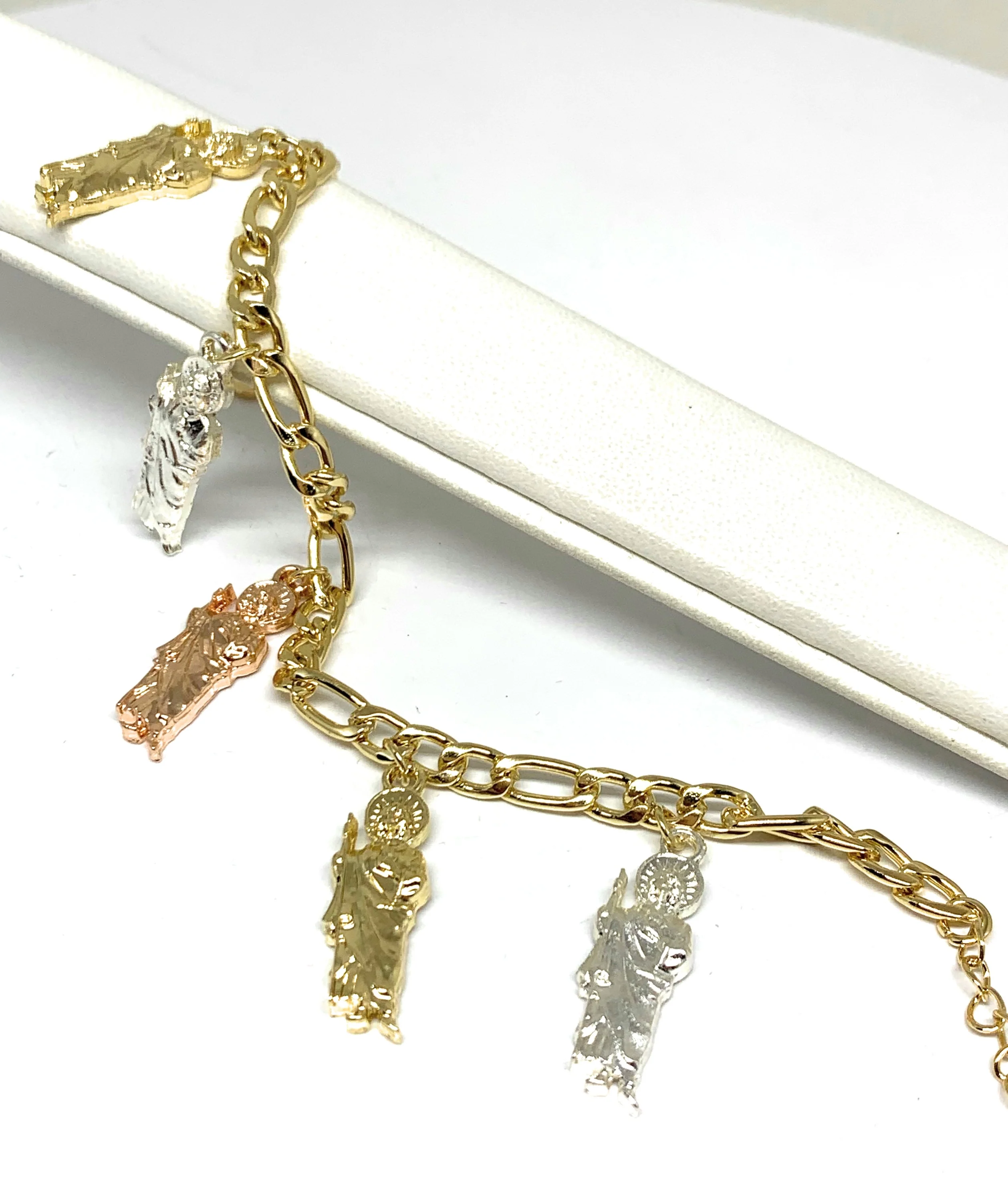 Gold Plated Tri-Color Saint Jude Charms Figaro Bracelet San Judas Esclava 8" - Image 2