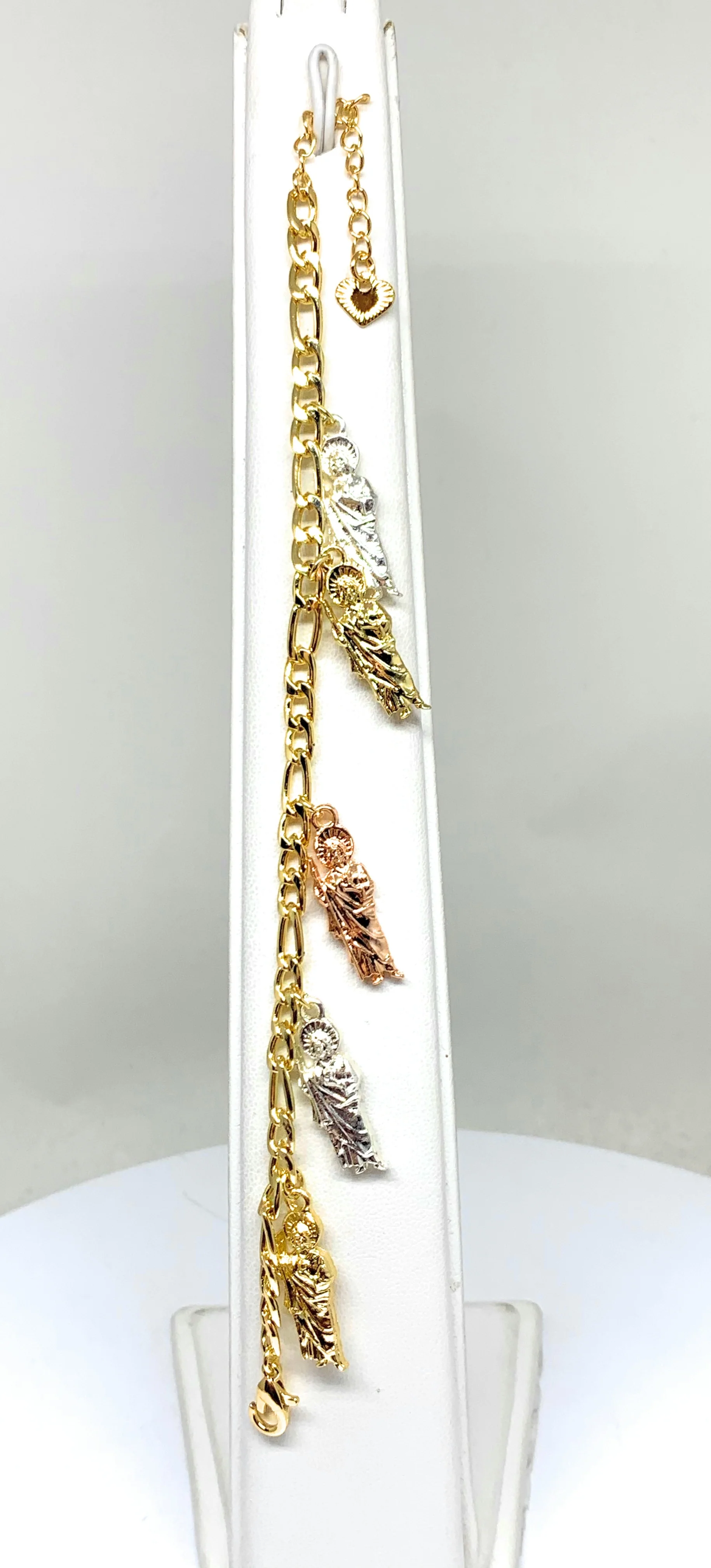 Gold Plated Tri-Color Saint Jude Charms Figaro Bracelet San Judas Esclava 8" - Image 3