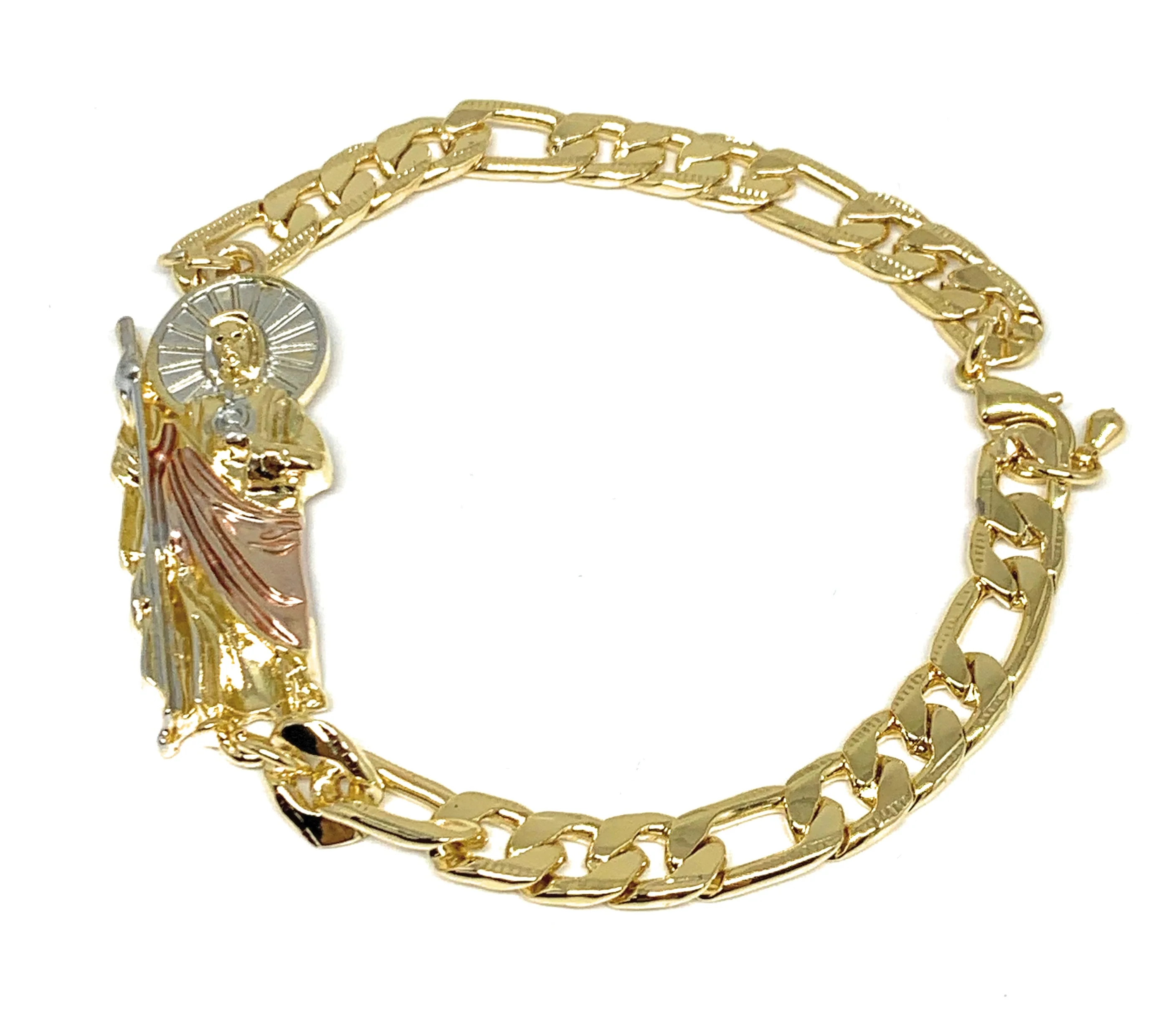Gold Plated Tri-Color Saint Jude Figaro Bracelet San Judas Esclava 8" - Image 3