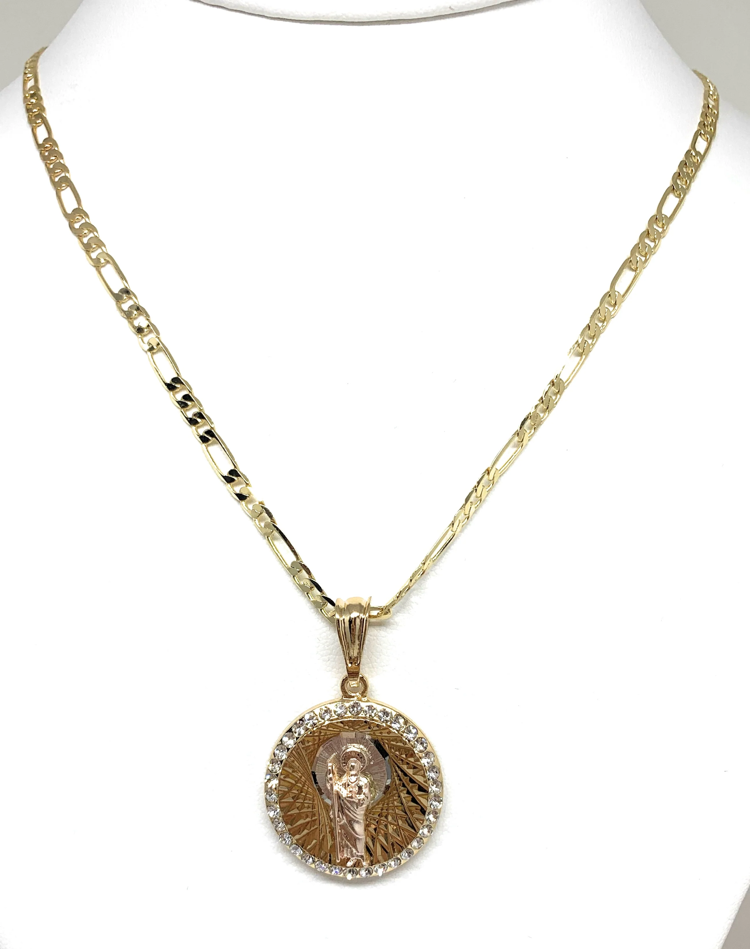 Gold Plated Tri-Color Saint Jude Pendant CZ Necklace Figaro San Judas Tadeo Medalla - Image 3