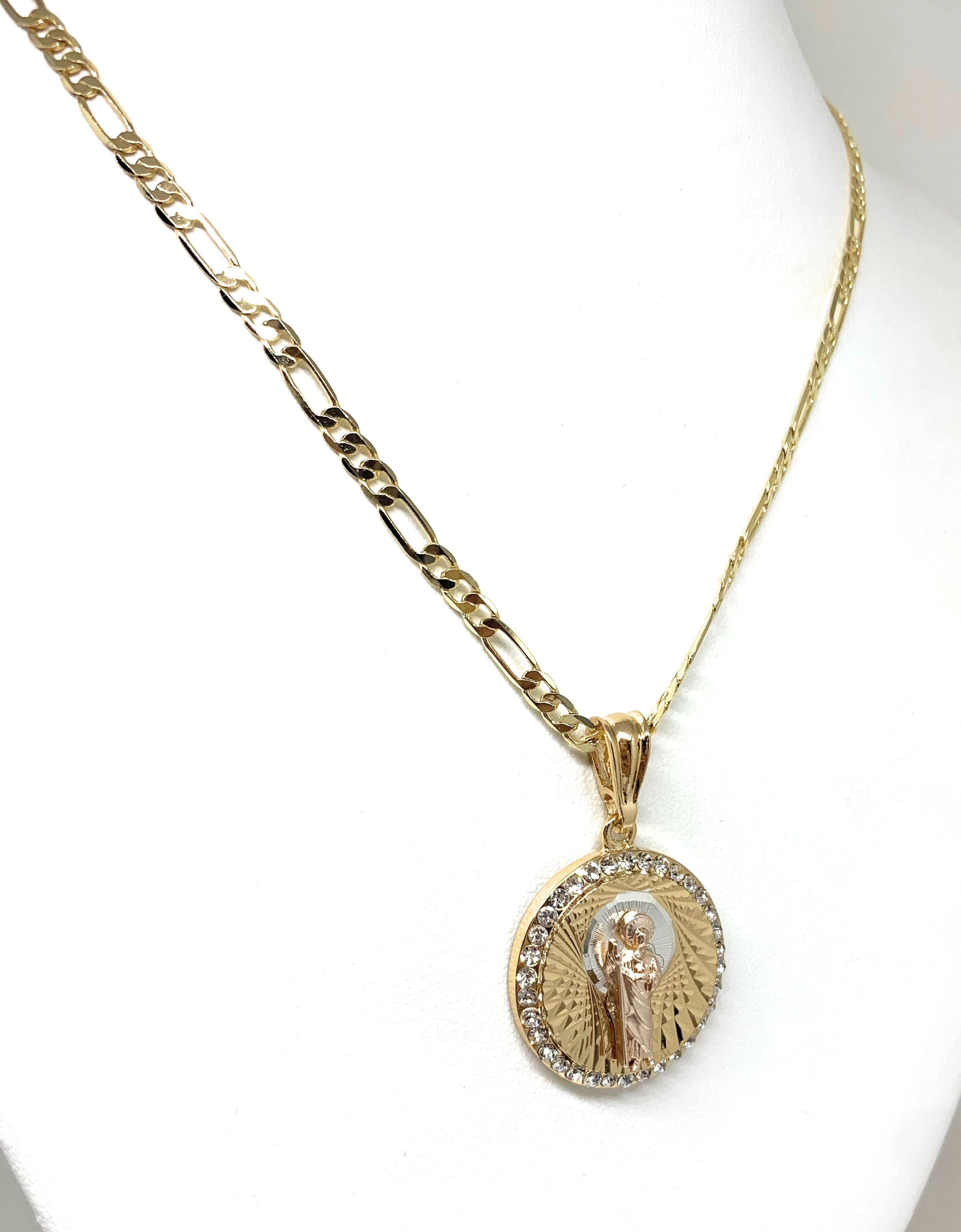 Gold Plated Tri-Color Saint Jude Pendant CZ Necklace Figaro San Judas Tadeo Medalla - Image 4