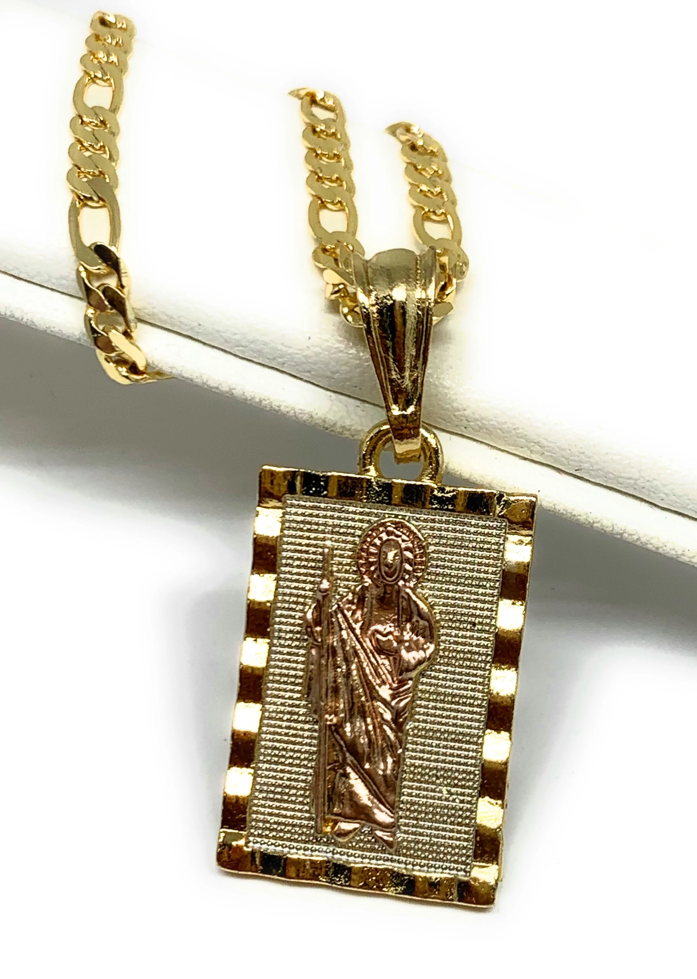 Gold Plated Yellow & Rose Saint Jude Pendant Necklace Figaro 24" San Judas Tadeo Medalla